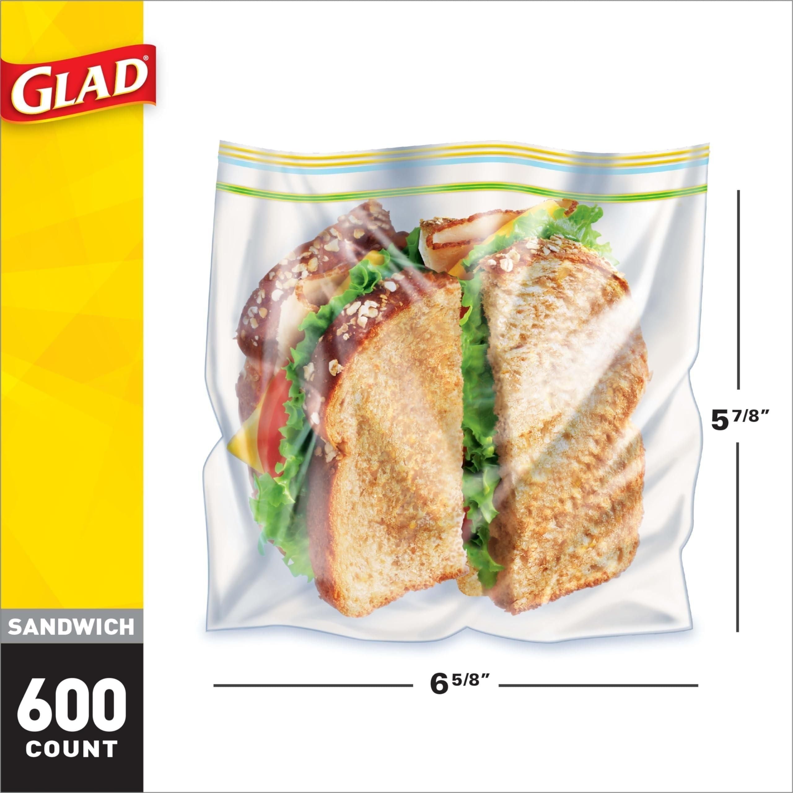 Glad Zipper Food Storage Plastic Bags - Sandwich - 100 Count, Pack of 6 - Glad