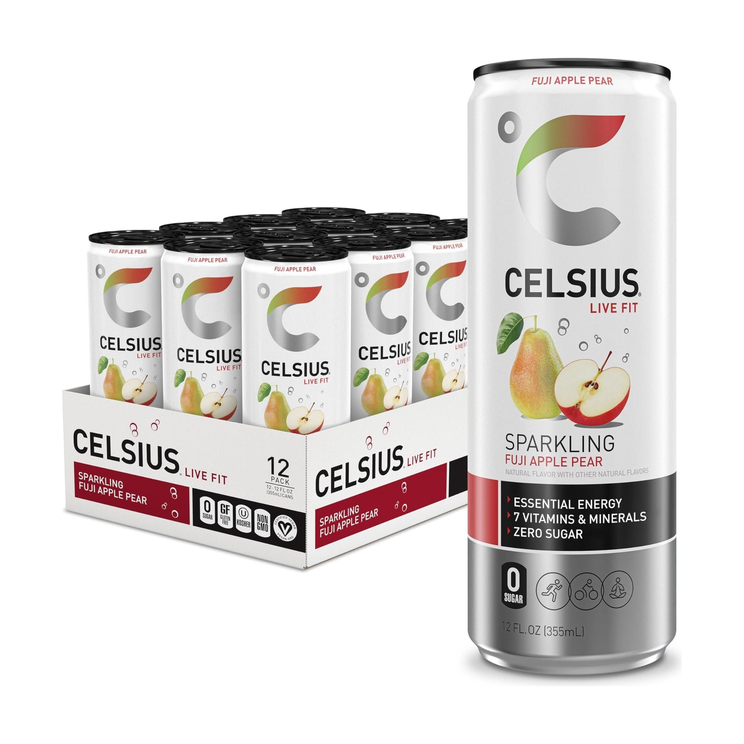 CELSIUS Sparkling Fuji Apple Pear Energy Drink 12oz (Pack of 12) - Essential Energy, 7 Vitamins, Zero Sugar, Vegan, Gluten-Free - Celsius