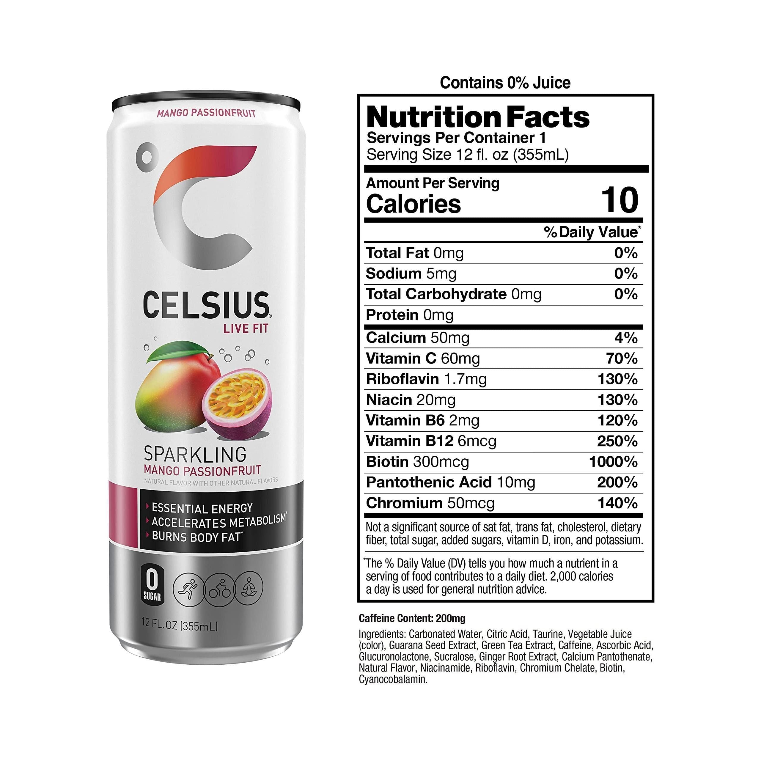 CELSIUS Sparkling Mango Passionfruit Energy Drink, Zero Sugar, 12 Fl Oz Cans, Pack of 24 - Celsius
