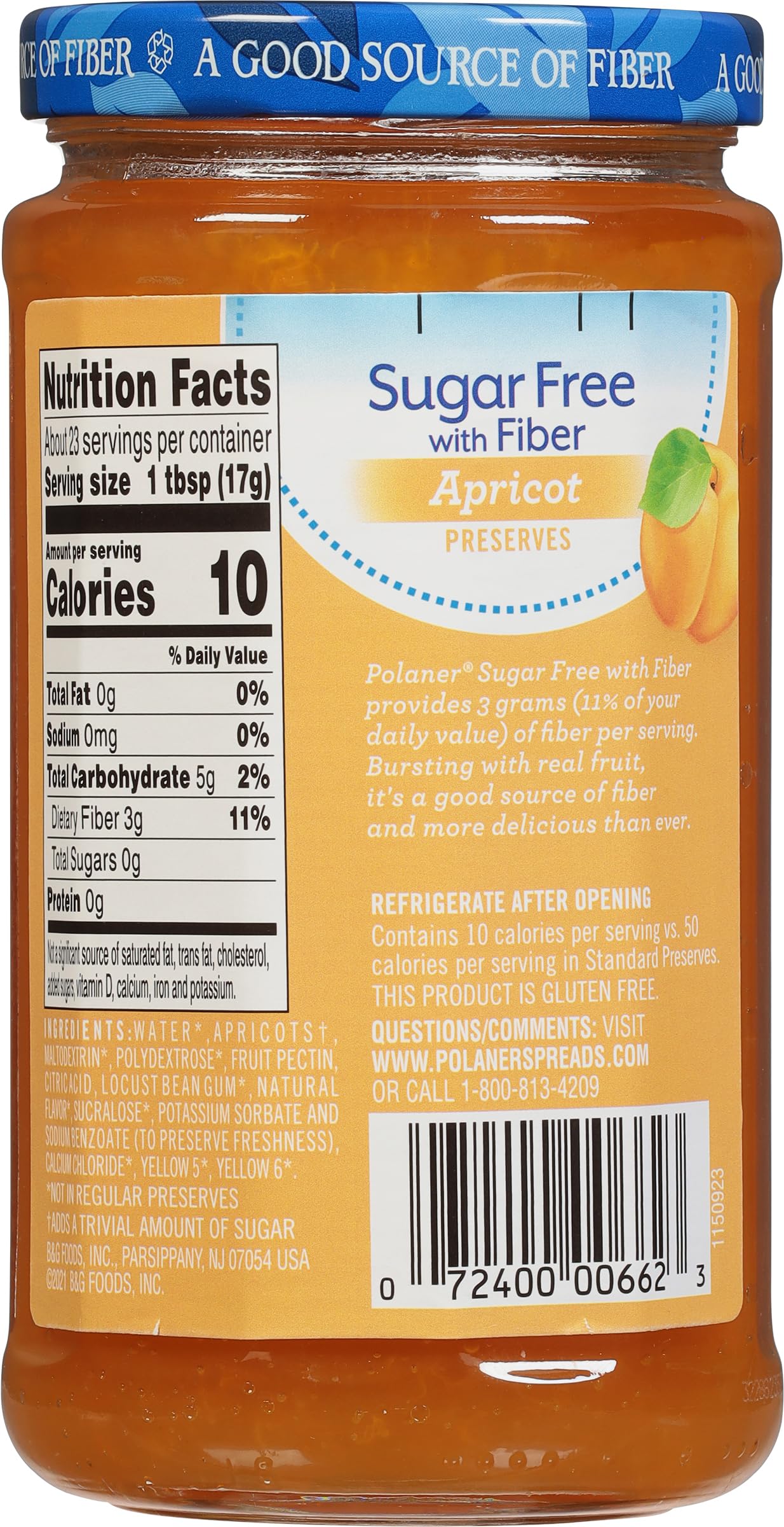 Polaner Sugar Free with Fiber, Apricot Jam, 13.5 Ounce - Polaner