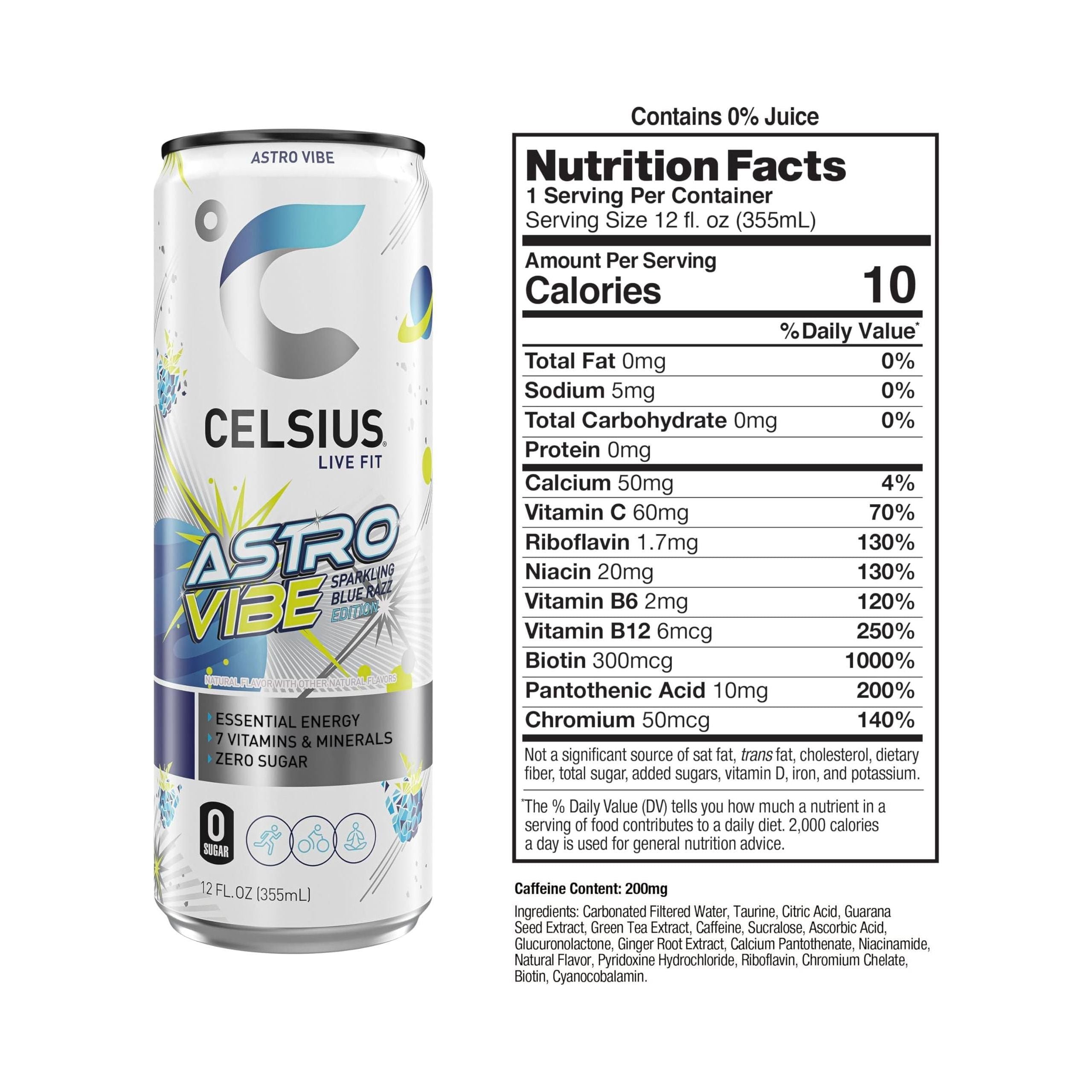 CELSIUS Sparkling Astro Vibe Energy Drink, BlueRazz Flavor, 12 Fl Oz Cans (Pack of 12) - Celsius
