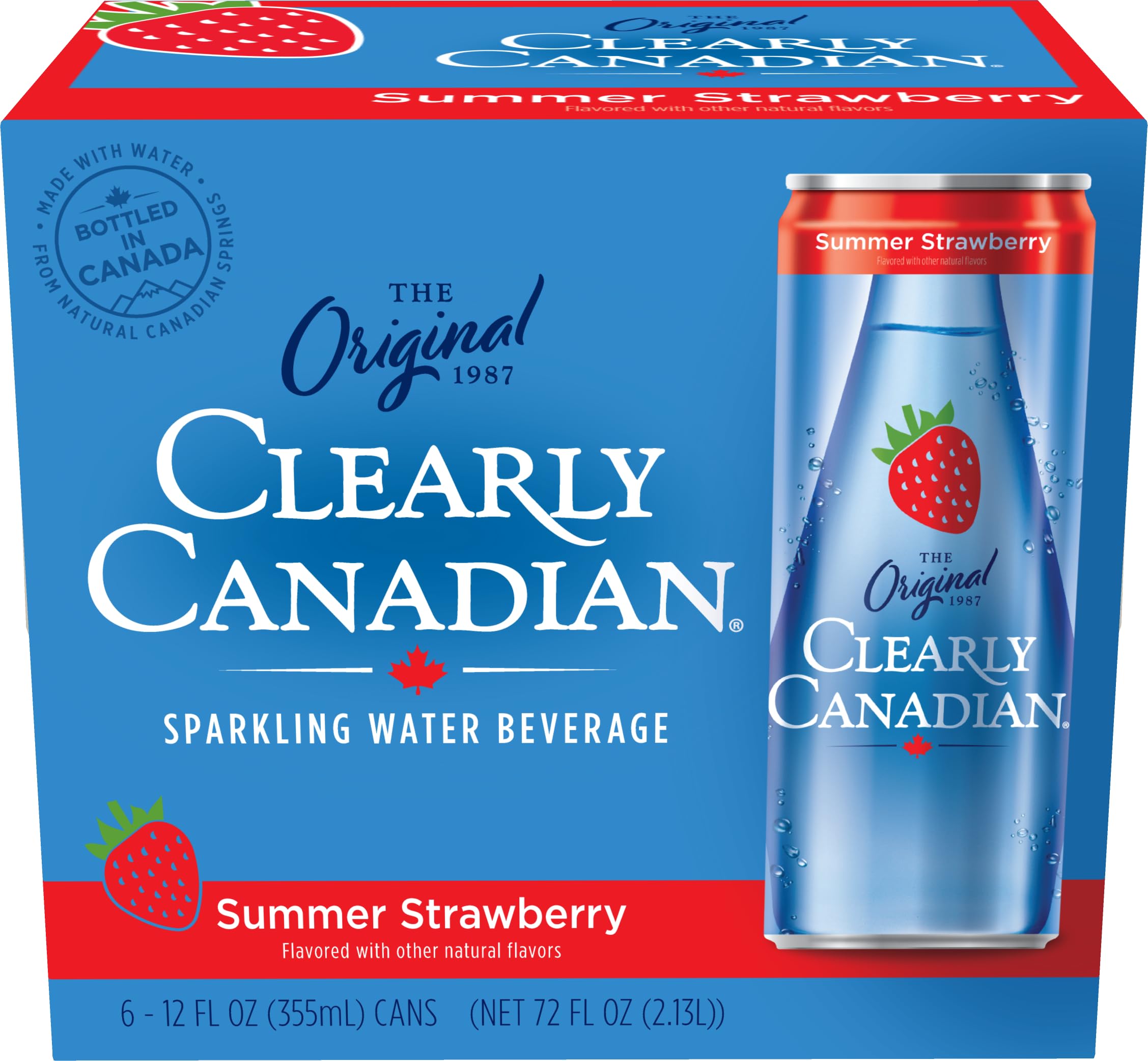 Clearly Canadian Summer Strawberry Sparkling Spring Water Beverage, Natural & Carbonated. 1 Case (24 cans x 12 fl oz)
