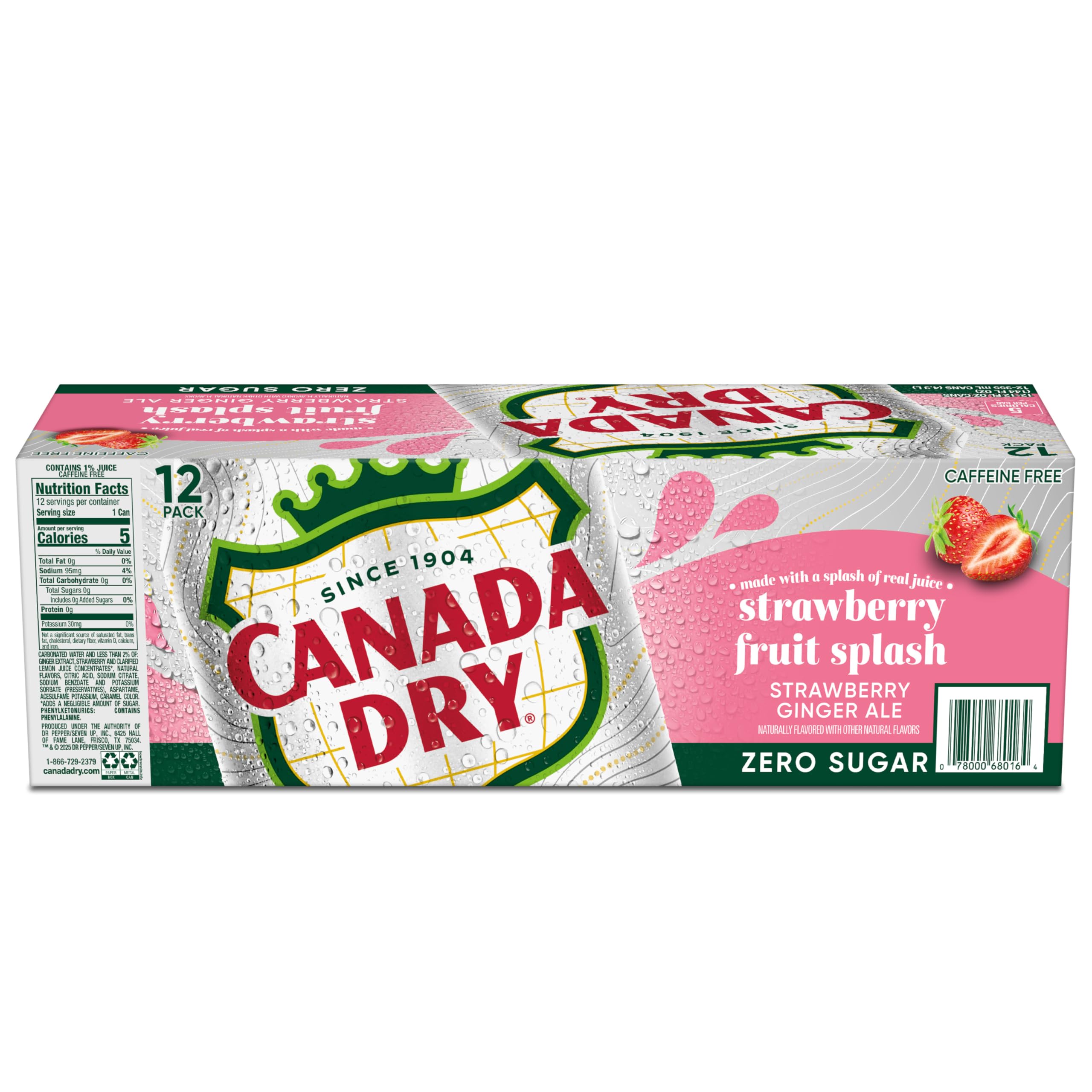 Canada Dry Fruit Splash Strawberry Ginger Ale Zero Sugar Soda, 12 Fl Oz Cans, 12 Pack