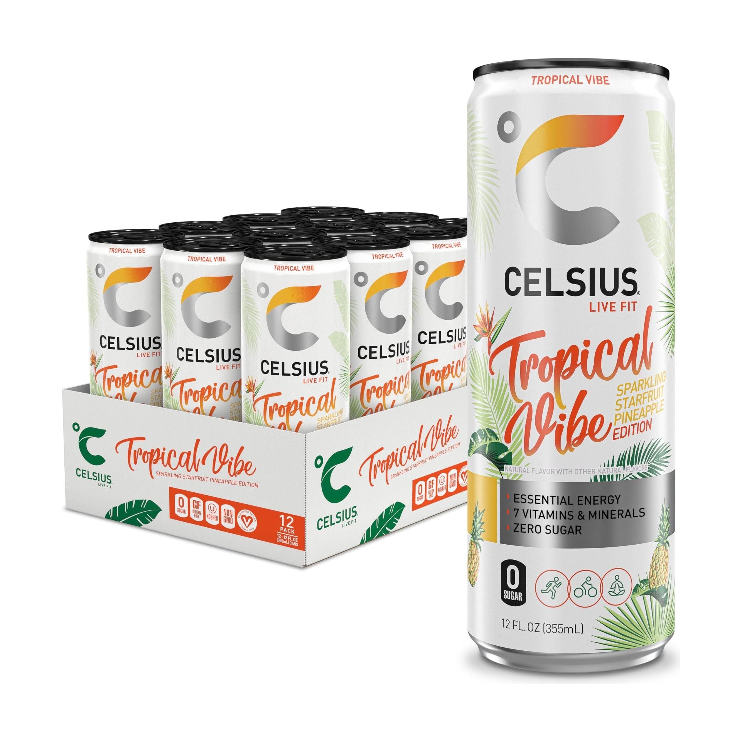 CELSIUS Tropical Vibe Sparkling Energy Drink, Essential Functional Beverage 12 Fl Oz (Pack of 12) - Celsius