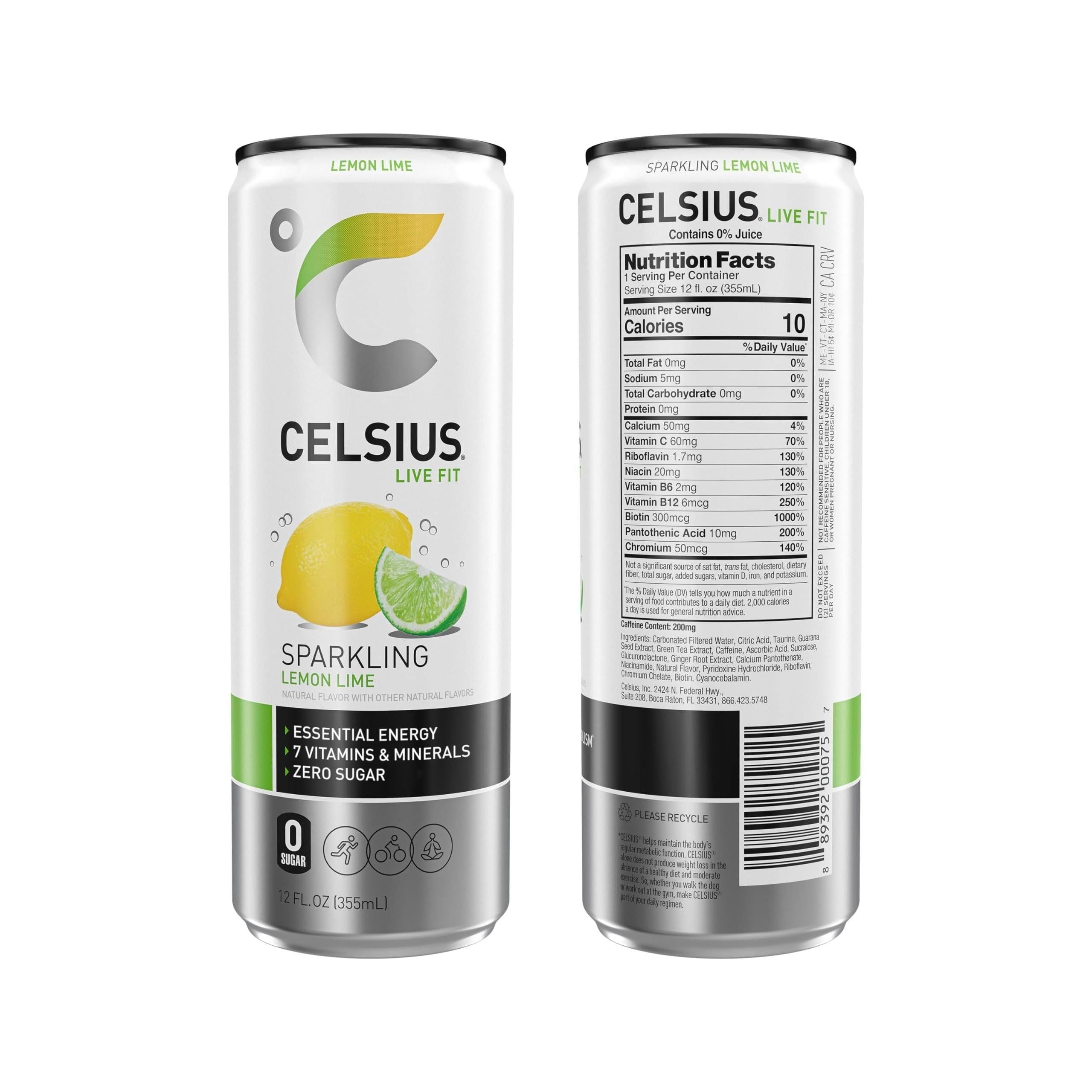 CELSIUS Sparkling Lemon Lime Energy Drink, 12 Fl Oz Cans, Pack of 24 - Zero Sugar, Essential Vitamins, Vegan, Gluten-Free - Celsius