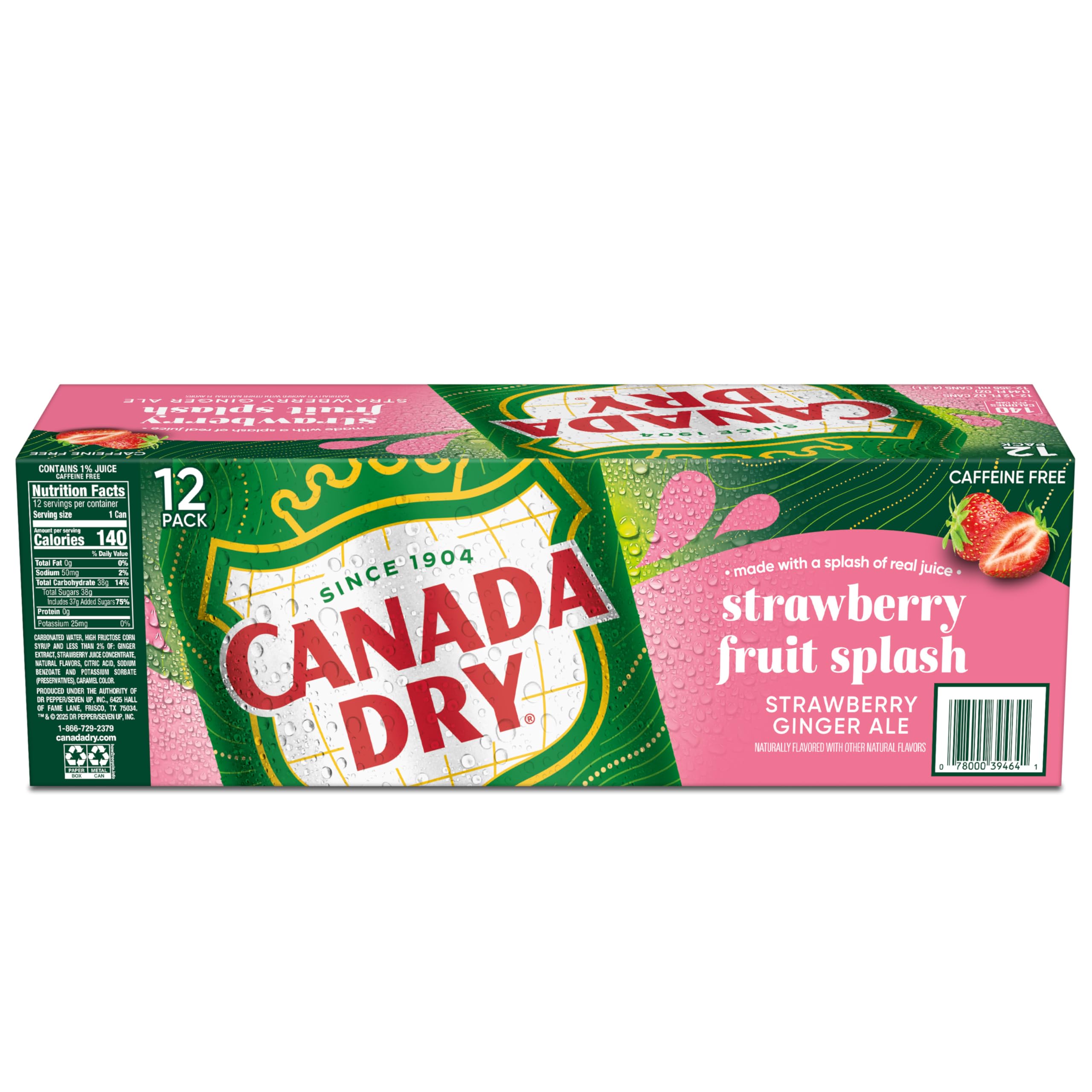 Canada Dry Fruit Splash Strawberry Ginger Ale Sparkling Caffeine Free, 12 fl oz, 12 Pack