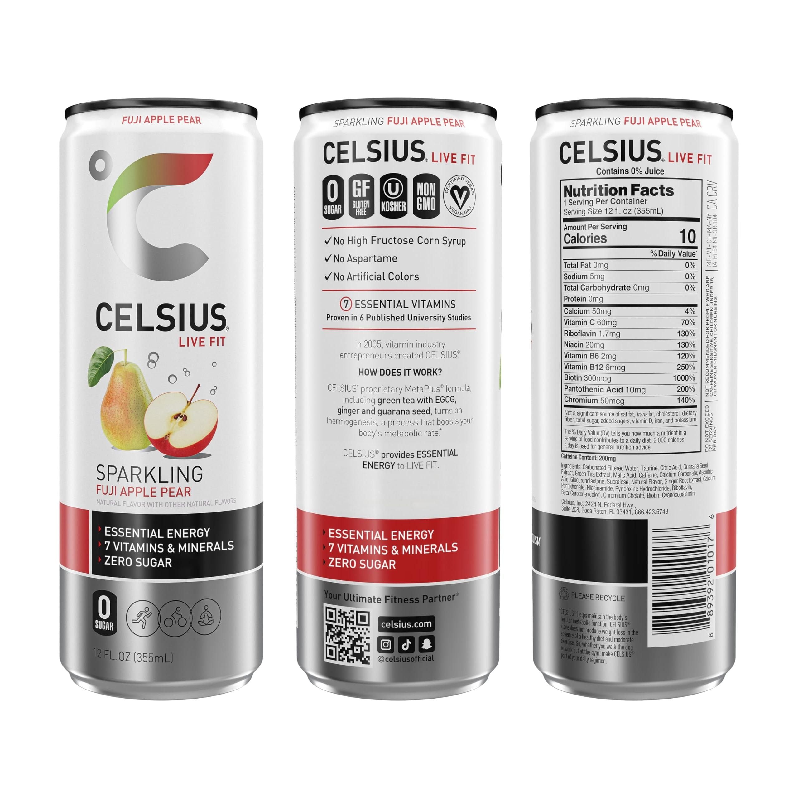 CELSIUS Sparkling Fuji Apple Pear Energy Drink 12oz (Pack of 12) - Essential Energy, 7 Vitamins, Zero Sugar, Vegan, Gluten-Free - Celsius