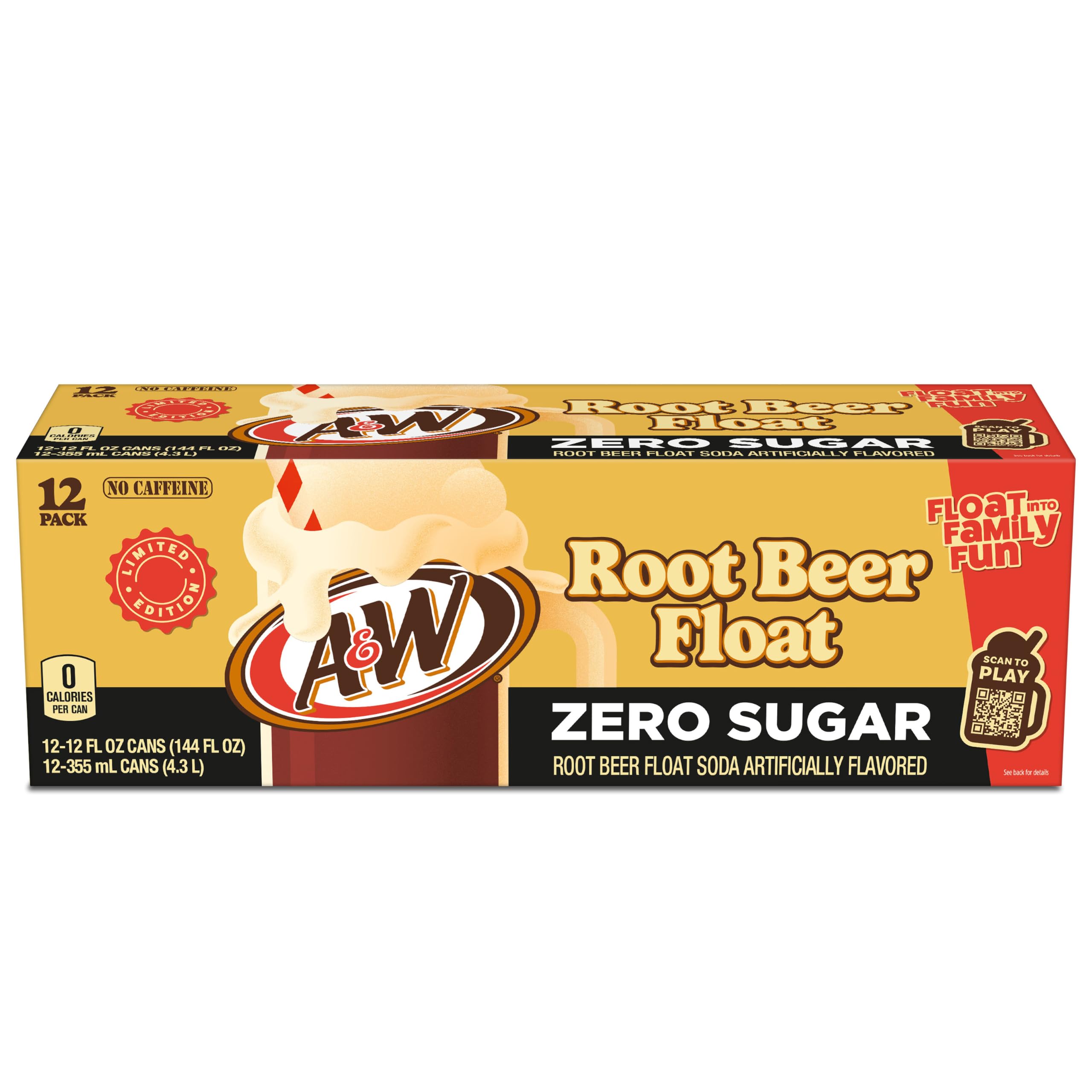 A&W Root Beer Float Zero Sugar Soda, 12 fl oz, 12 Pack