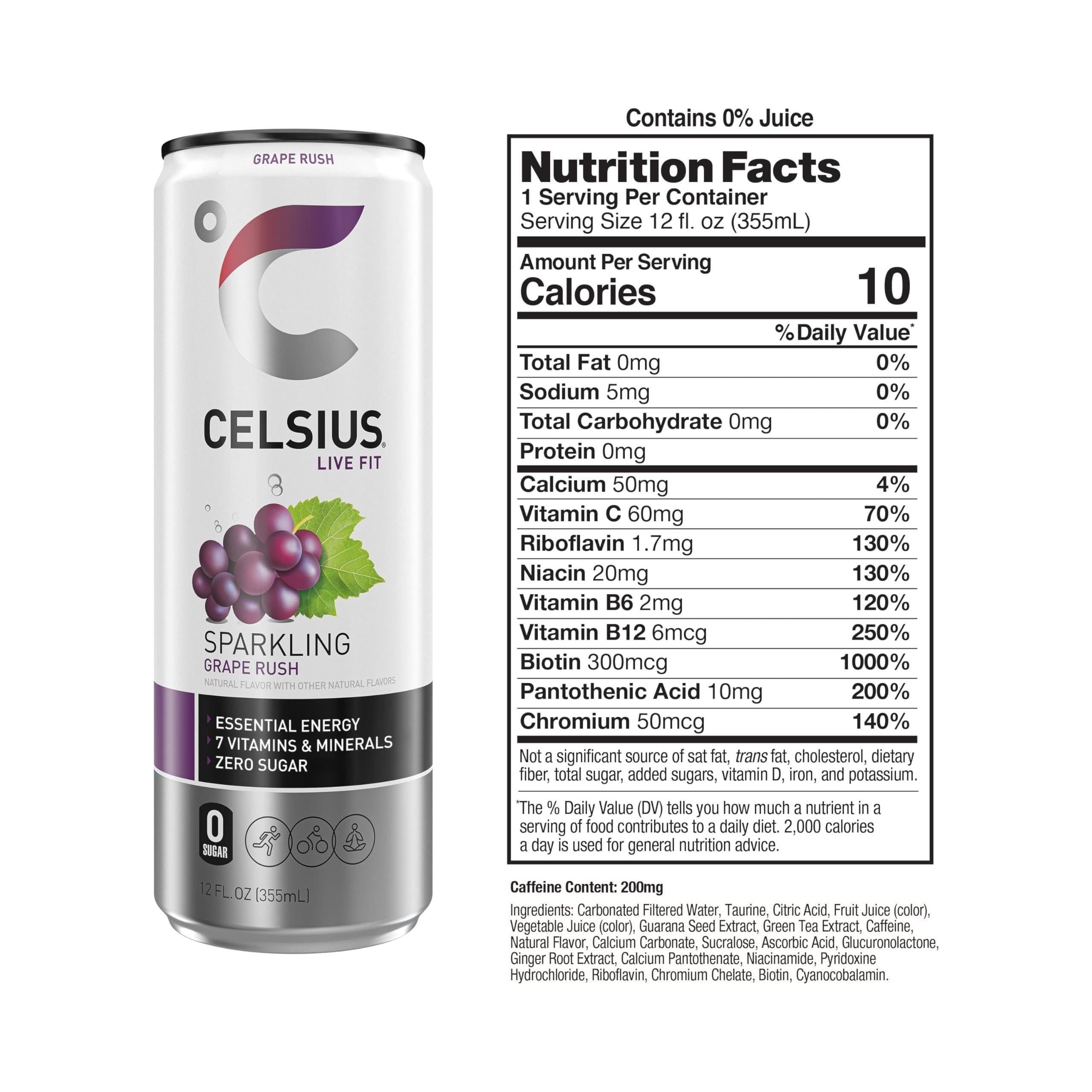 CELSIUS Sparkling Grape Rush Energy Drink, 12 Fl Oz Cans (Pack of 12) - Essential Energy, Zero Sugar, 7 Vitamins, Vegan, Non-GMO - Celsius