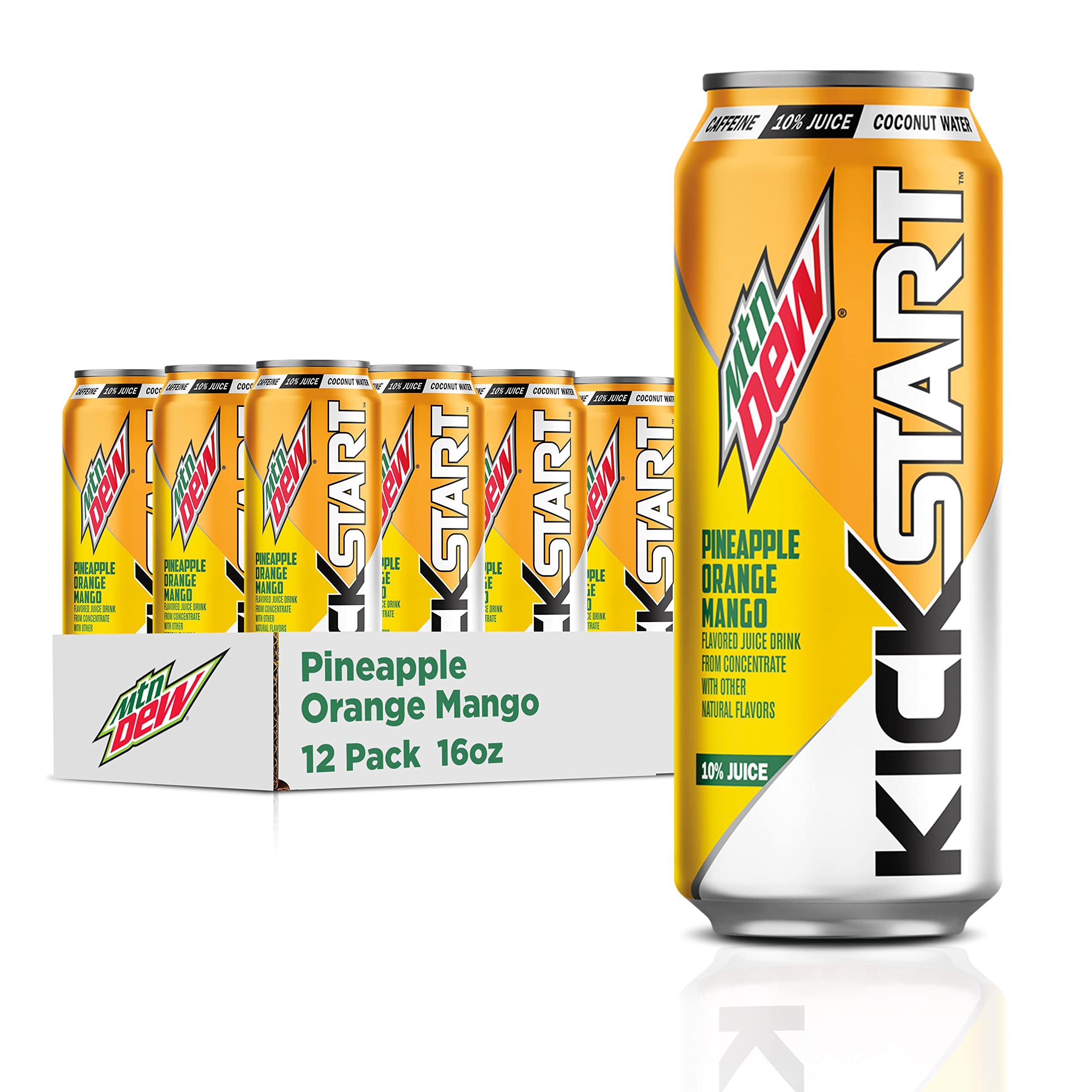Mountain Dew Kickstart Pineapple Orange Mango 16 oz can, 12-pack - caffeinated fruit juice energy drink
