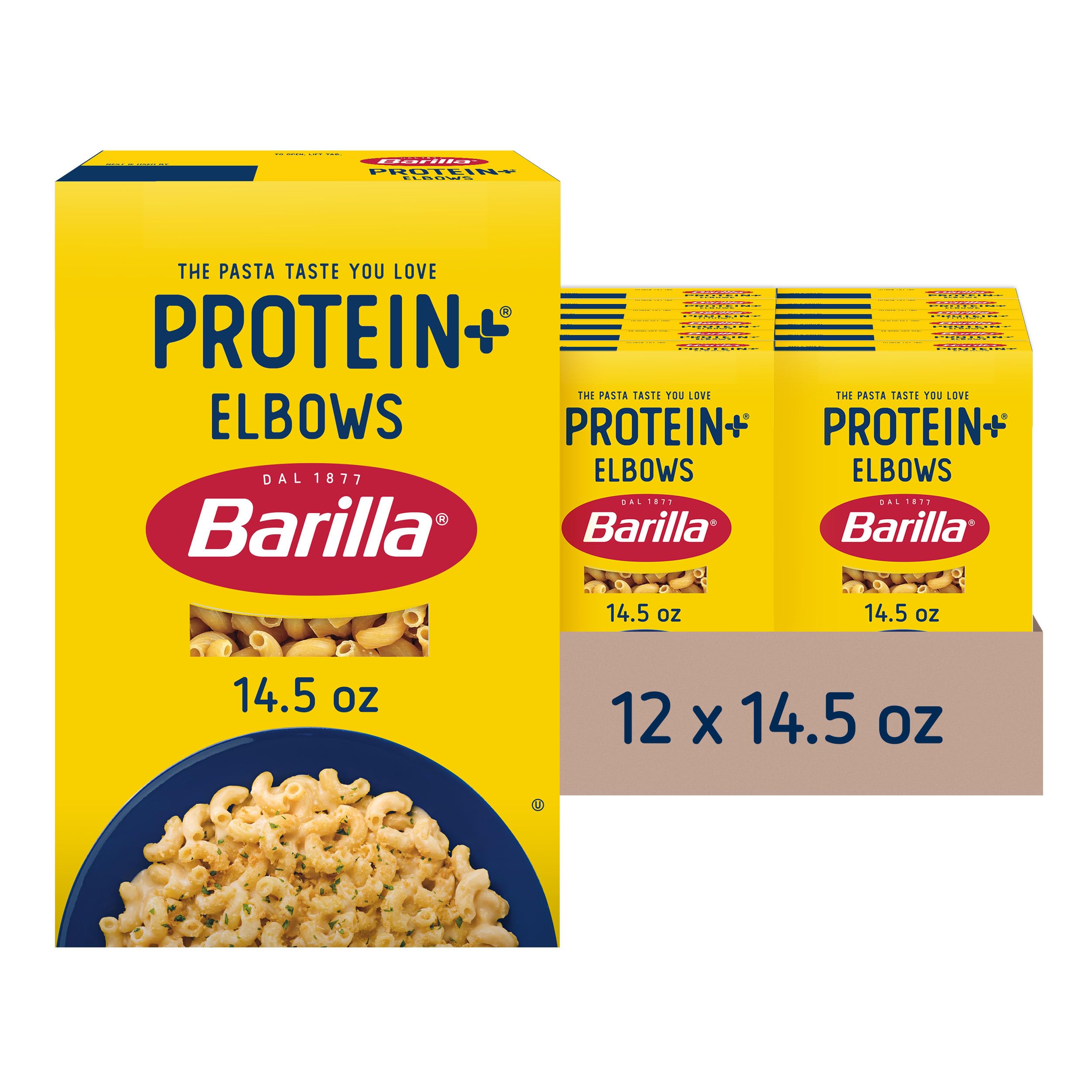 Barilla Protein+ (Plus) Elbows Pasta, 14.5 Ounce (Pack of 12) - plant based - Made from Lentils, Chickpeas & Peas - Non-GMO, Kosher Certified - Barilla