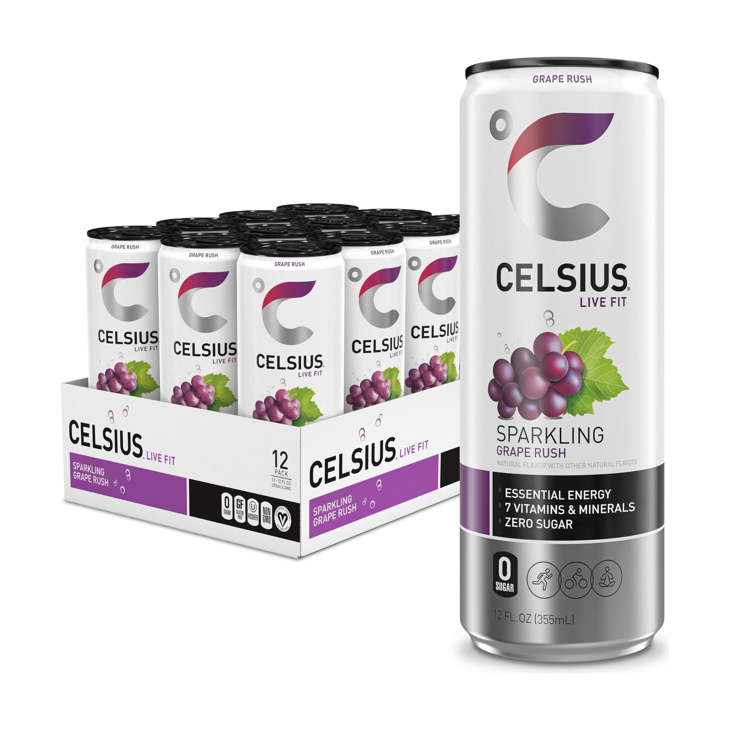 CELSIUS Sparkling Grape Rush Energy Drink, 12 Fl Oz Cans (Pack of 12) - Essential Energy, Zero Sugar, 7 Vitamins, Vegan, Non-GMO - Celsius