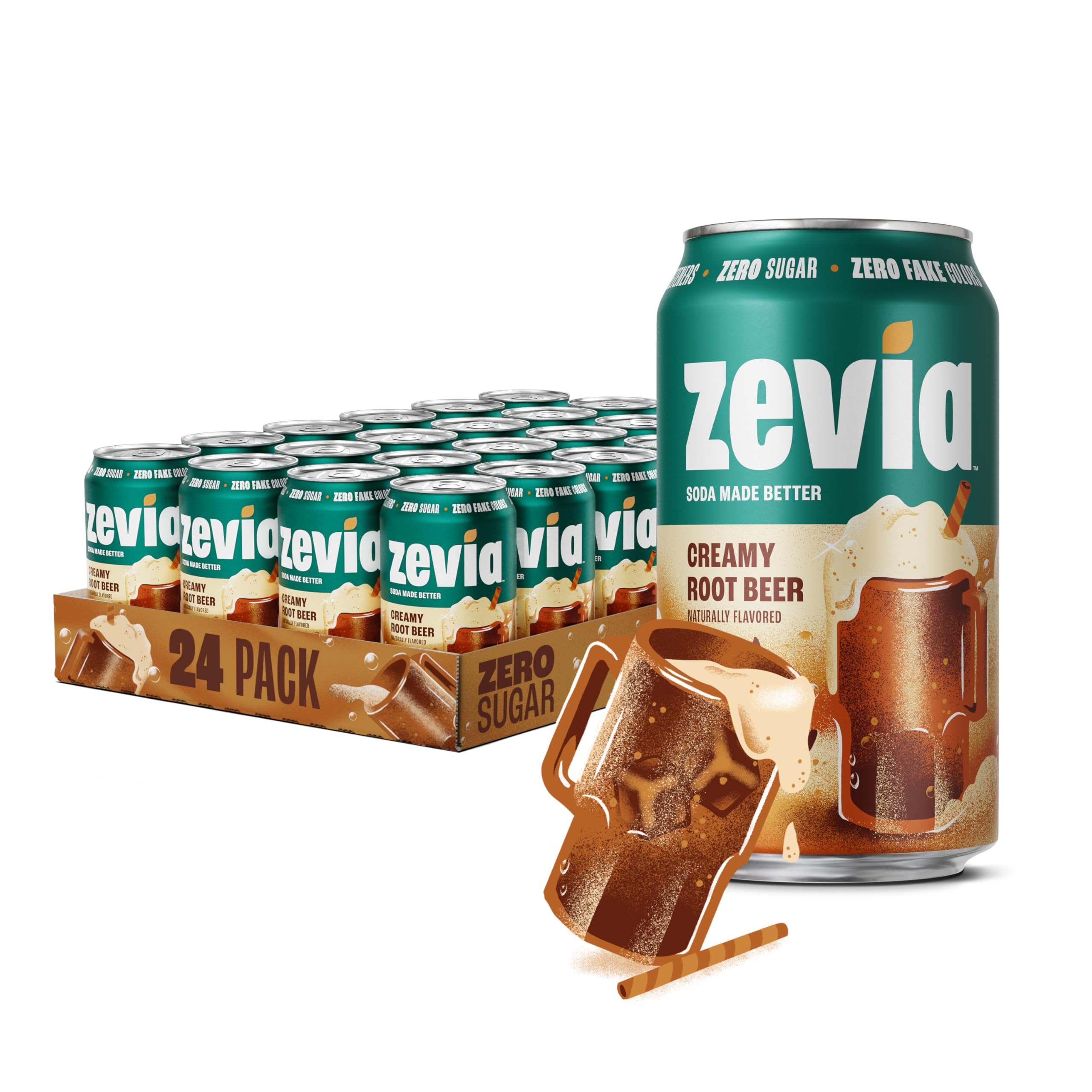 Zevia Zero Sugar Soda, Creamy Root Beer, 12 oz Cans (24-Pack)