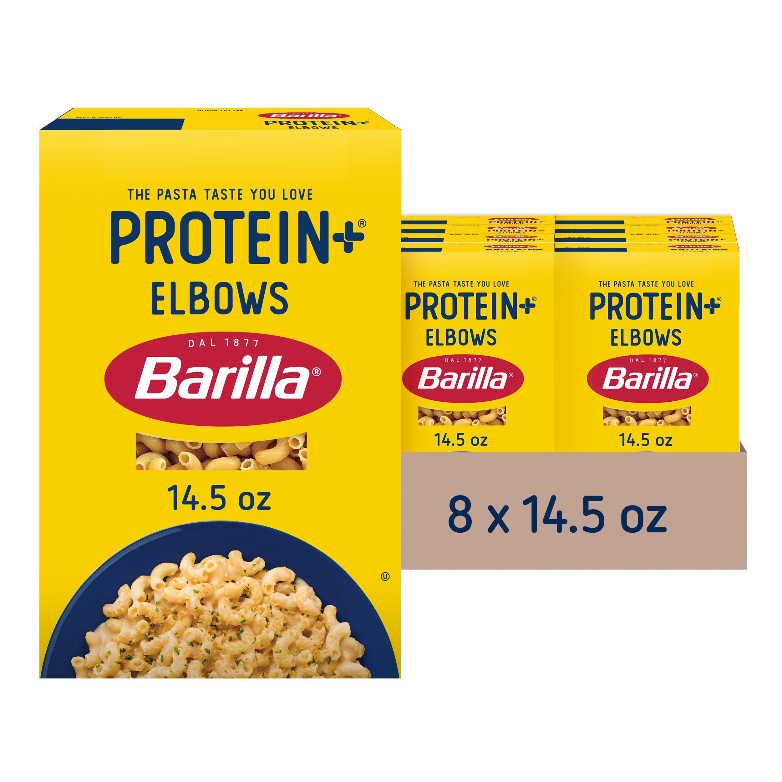 BARILLA Protein+ (Plus) Elbows Pasta, 14.5 Ounce (Pack of 8) - plant based pasta - Made from Lentils, Chickpeas & Peas - Non-GMO, Kosher Certified and Vegan - Barilla