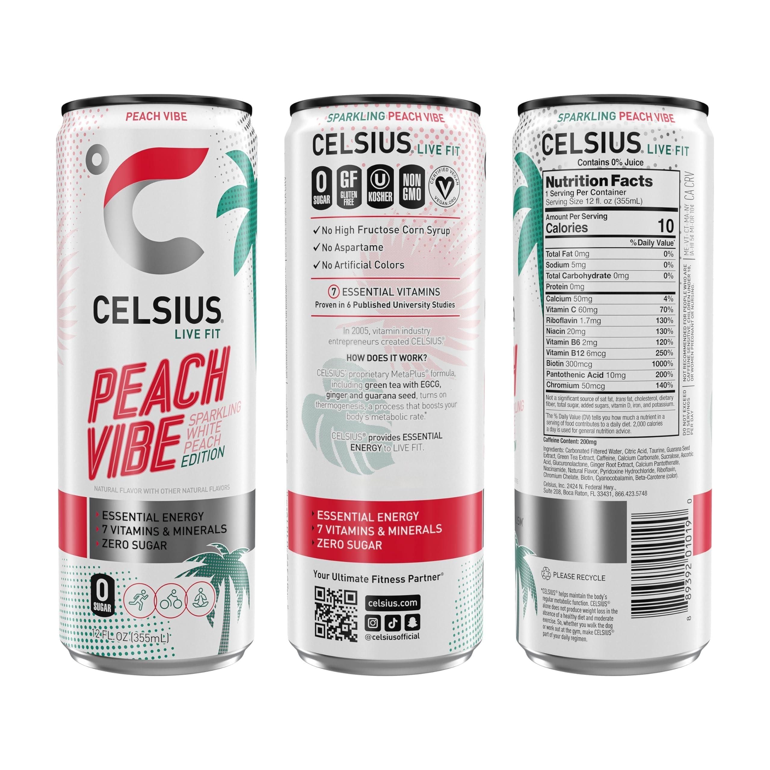 CELSIUS Sparkling Peach Vibe Energy Drink, 12 Fl Oz Cans (Pack of 12) - Celsius