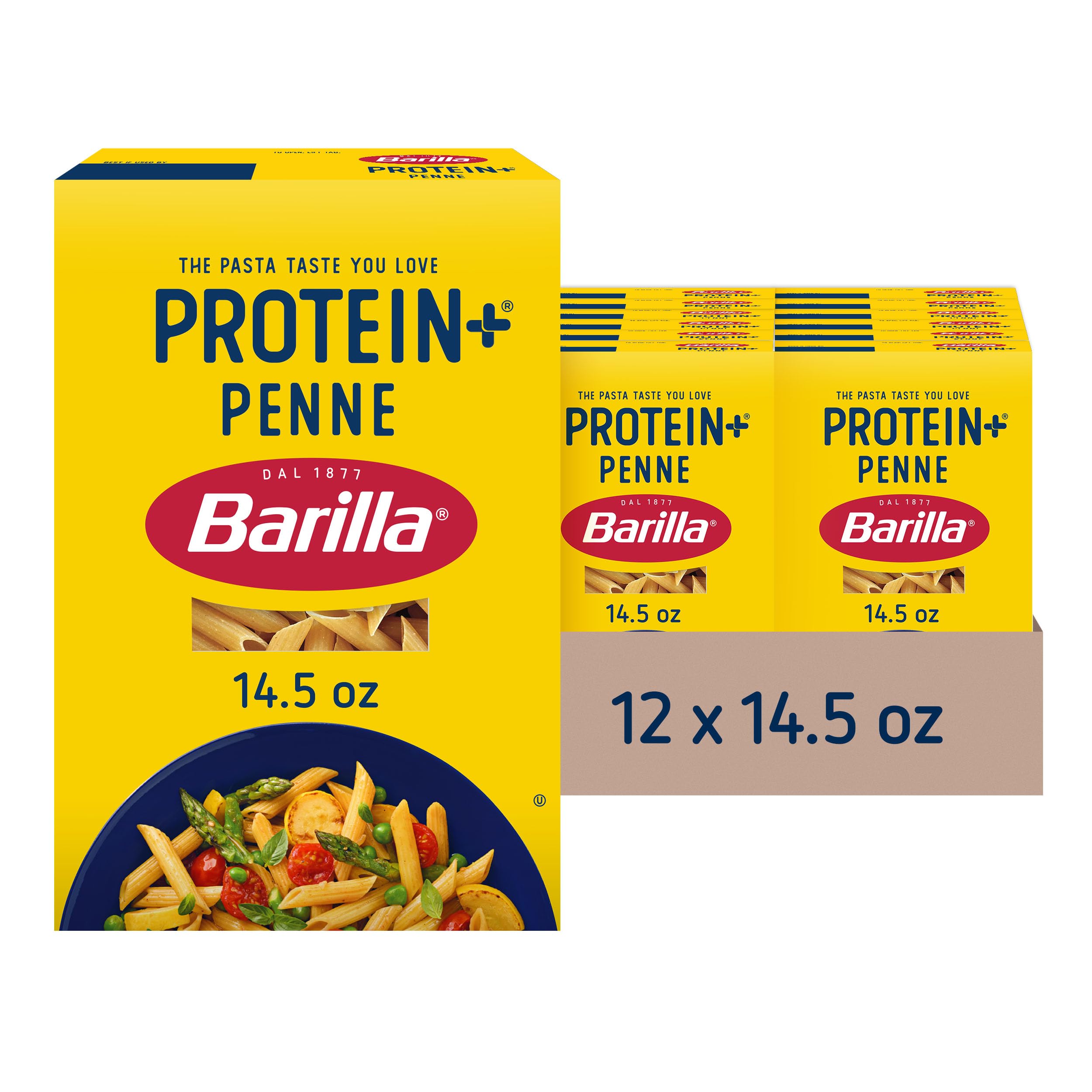 Barilla Protein+ (Plus) Penne Pasta, 14.5 Ounce (Pack of 12) - plant based - Made from Lentils, Chickpeas & Peas - Non-GMO, Kosher Certified - Barilla
