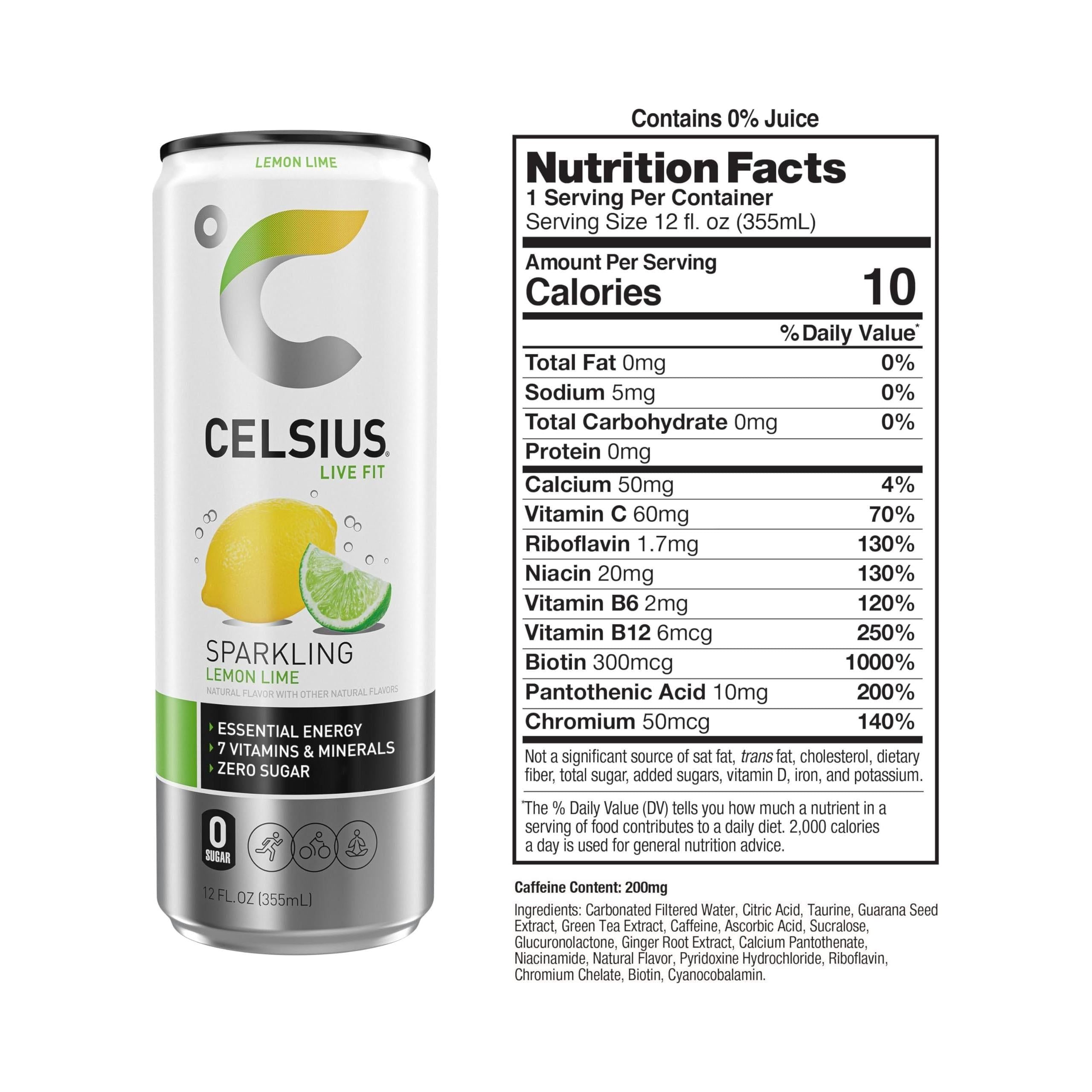 CELSIUS Sparkling Lemon Lime Energy Drink, 12 Fl Oz Cans, Pack of 24 - Zero Sugar, Essential Vitamins, Vegan, Gluten-Free - Celsius