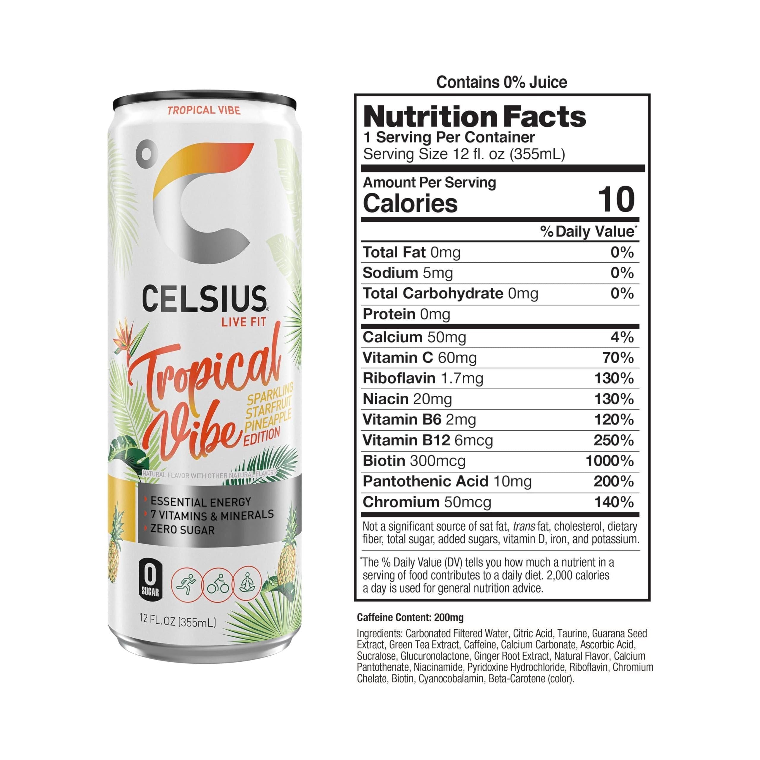 CELSIUS Tropical Vibe Sparkling Energy Drink, Essential Functional Beverage 12 Fl Oz (Pack of 12) - Celsius