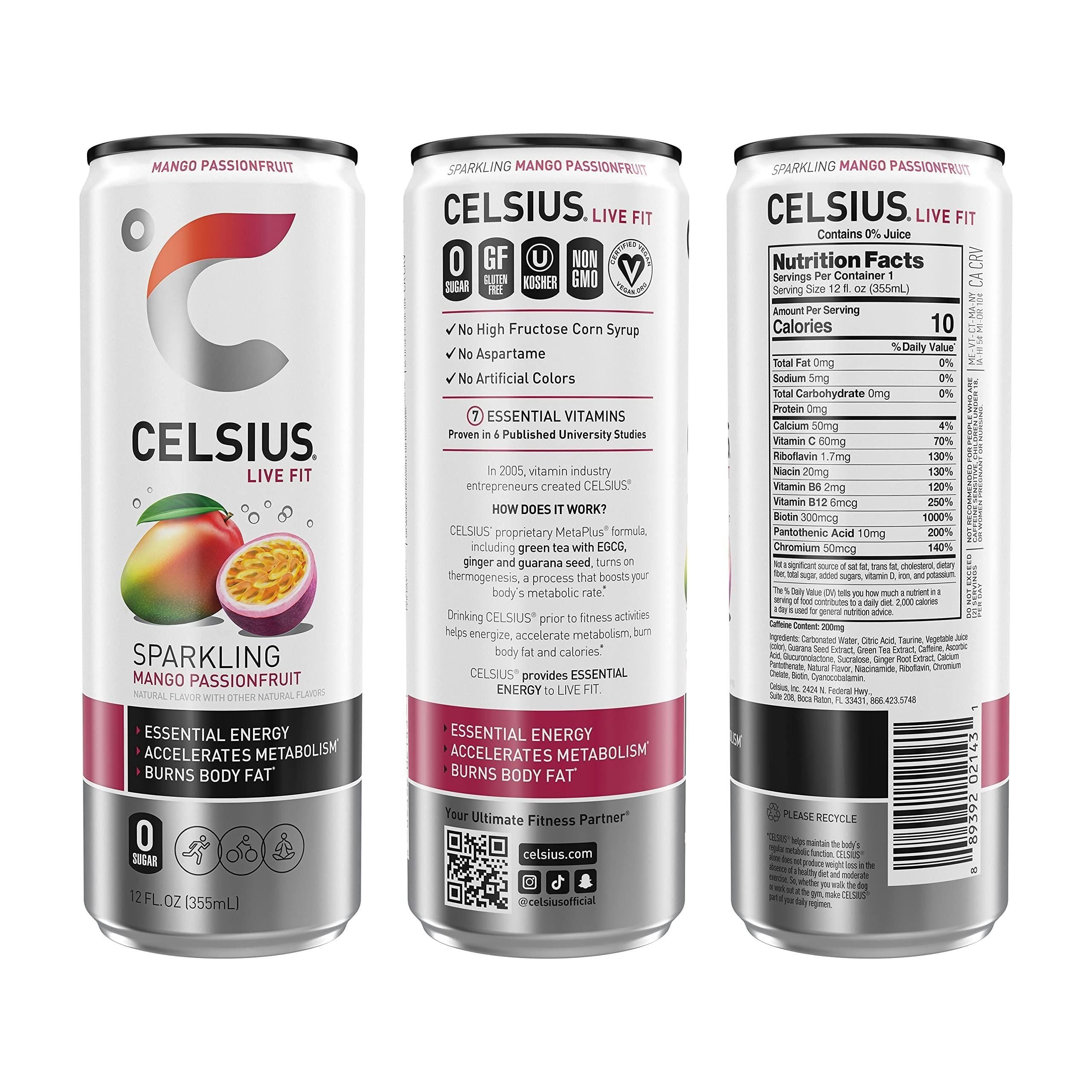 CELSIUS Sparkling Mango Passionfruit Energy Drink, Zero Sugar, 12 Fl Oz Cans, Pack of 24 - Celsius