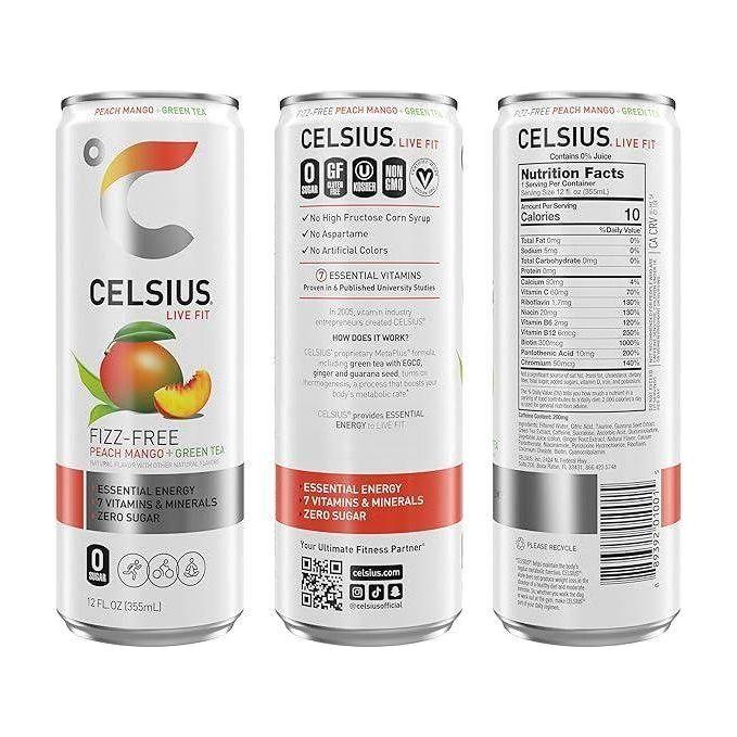 Celsius Essential Energy Peach Mango Green Tea - 12 Cans for Hydration & Focus - Celsius