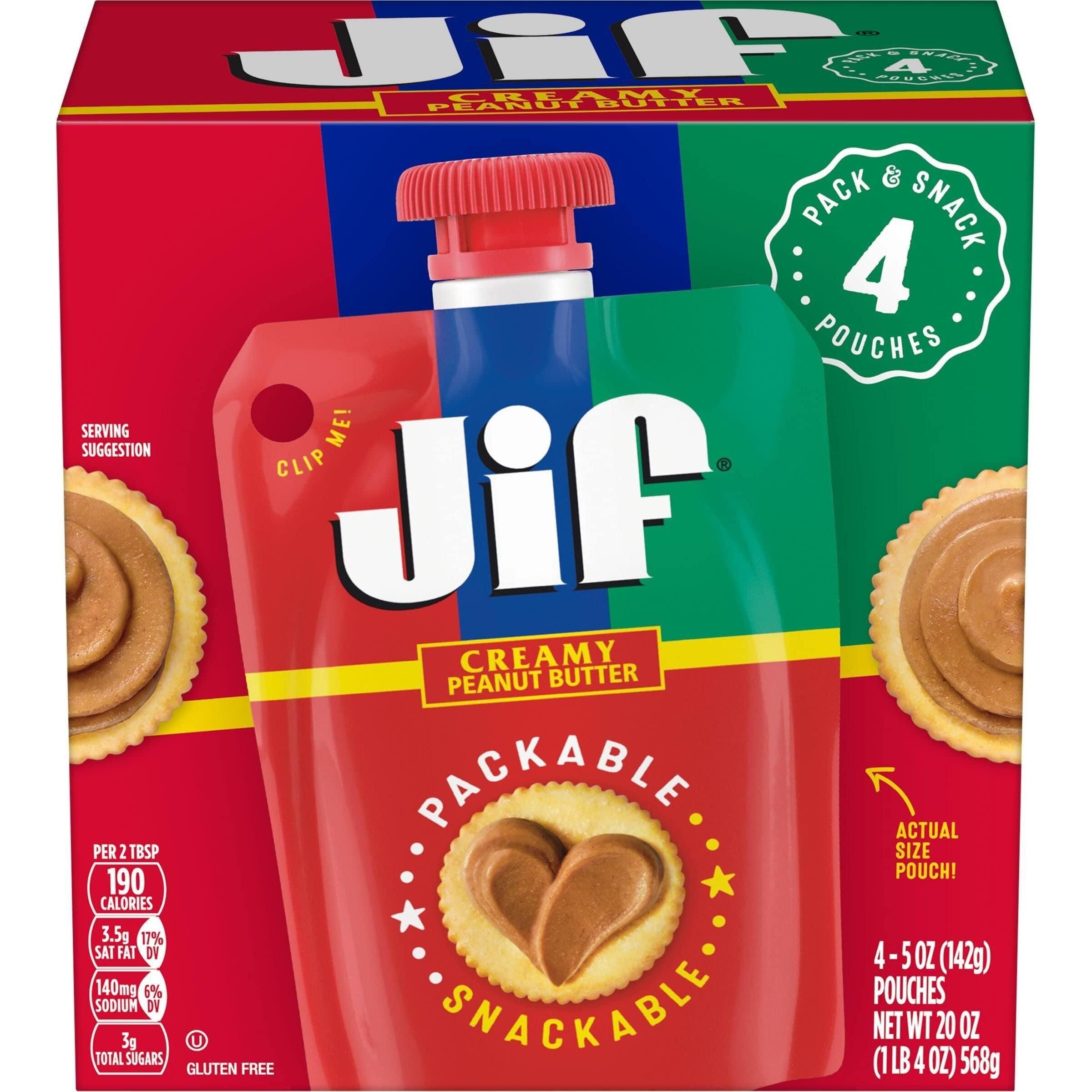 Jif Creamy Peanut Butter Squeeze Pouches, 24 Pack (5 oz each) - Jif