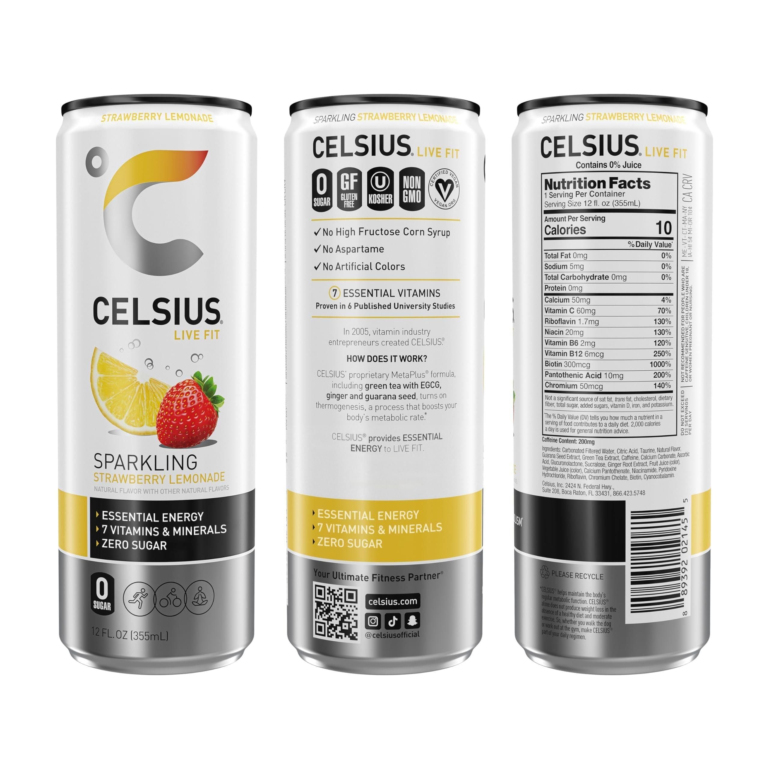 CELSIUS Sparkling Strawberry Lemonade, Essential Energy Drink, 12oz Cans, Pack of 12 - Zero Sugar, Vegan, Gluten-Free, Kosher - Celsius