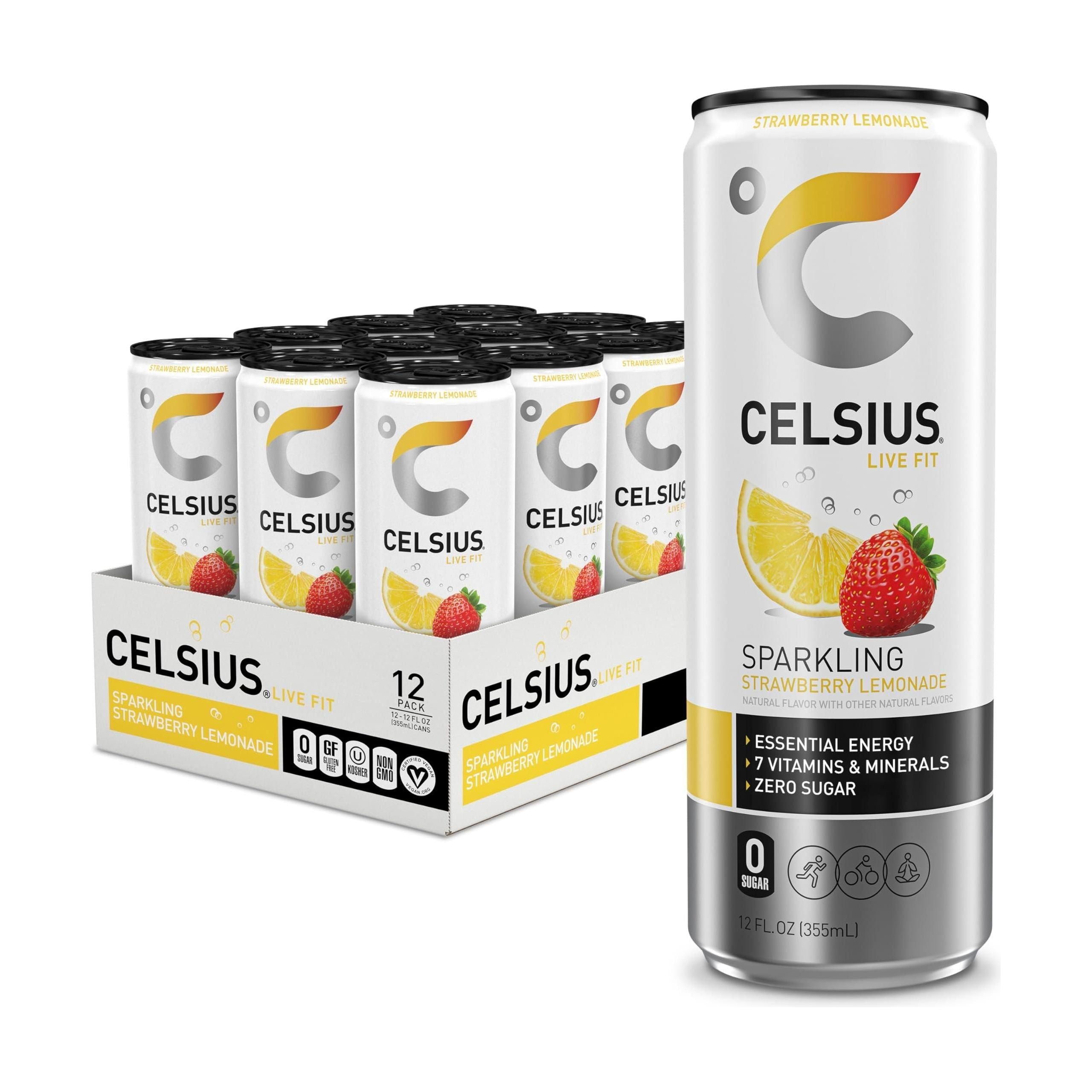 CELSIUS Sparkling Strawberry Lemonade, Essential Energy Drink, 12oz Cans, Pack of 12 - Zero Sugar, Vegan, Gluten-Free, Kosher - Celsius