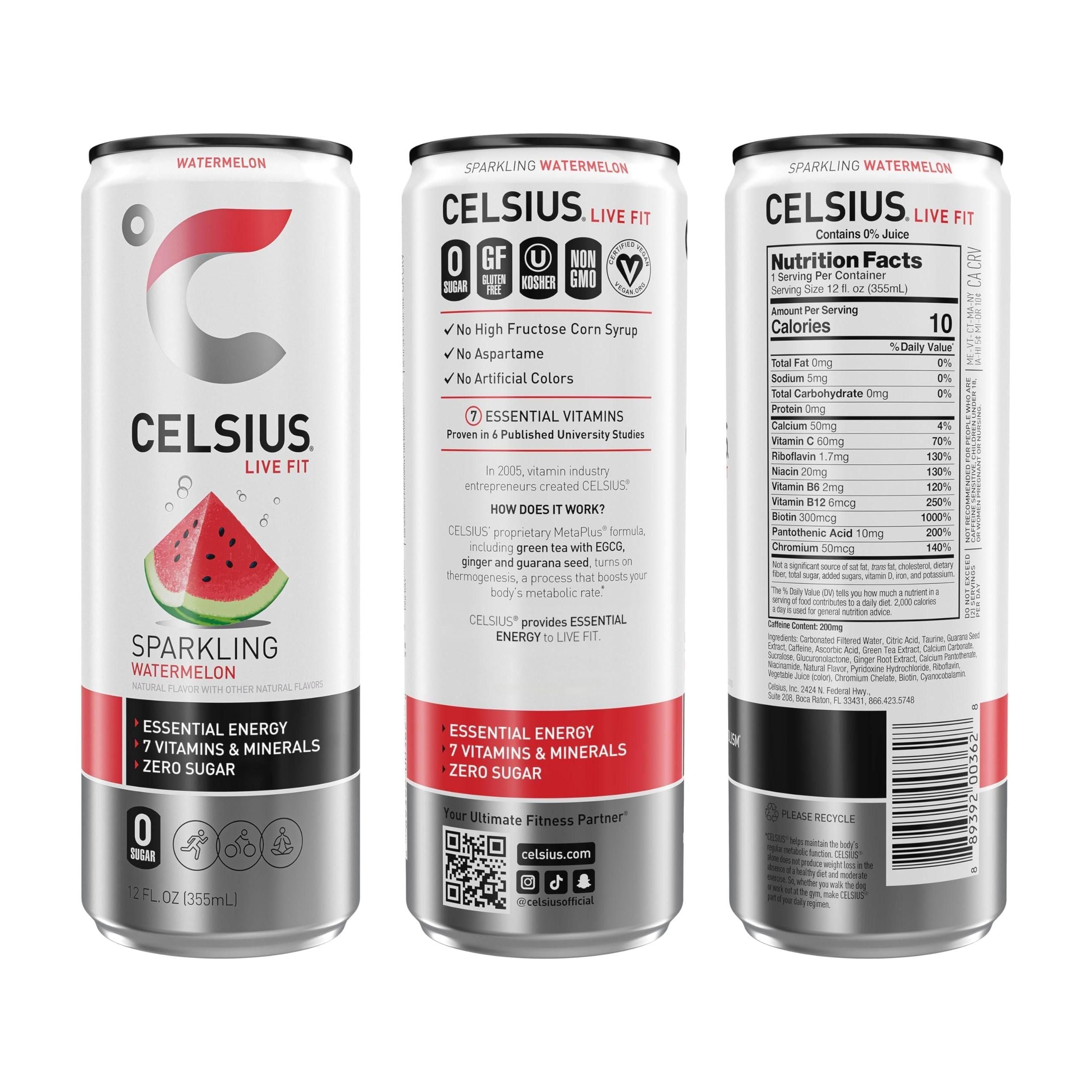 CELSIUS Sparkling Watermelon Energy Drink, 12 Fl Oz, 12-Pack – Essential, Zero Sugar, Vegan & Gluten-Free - Celsius