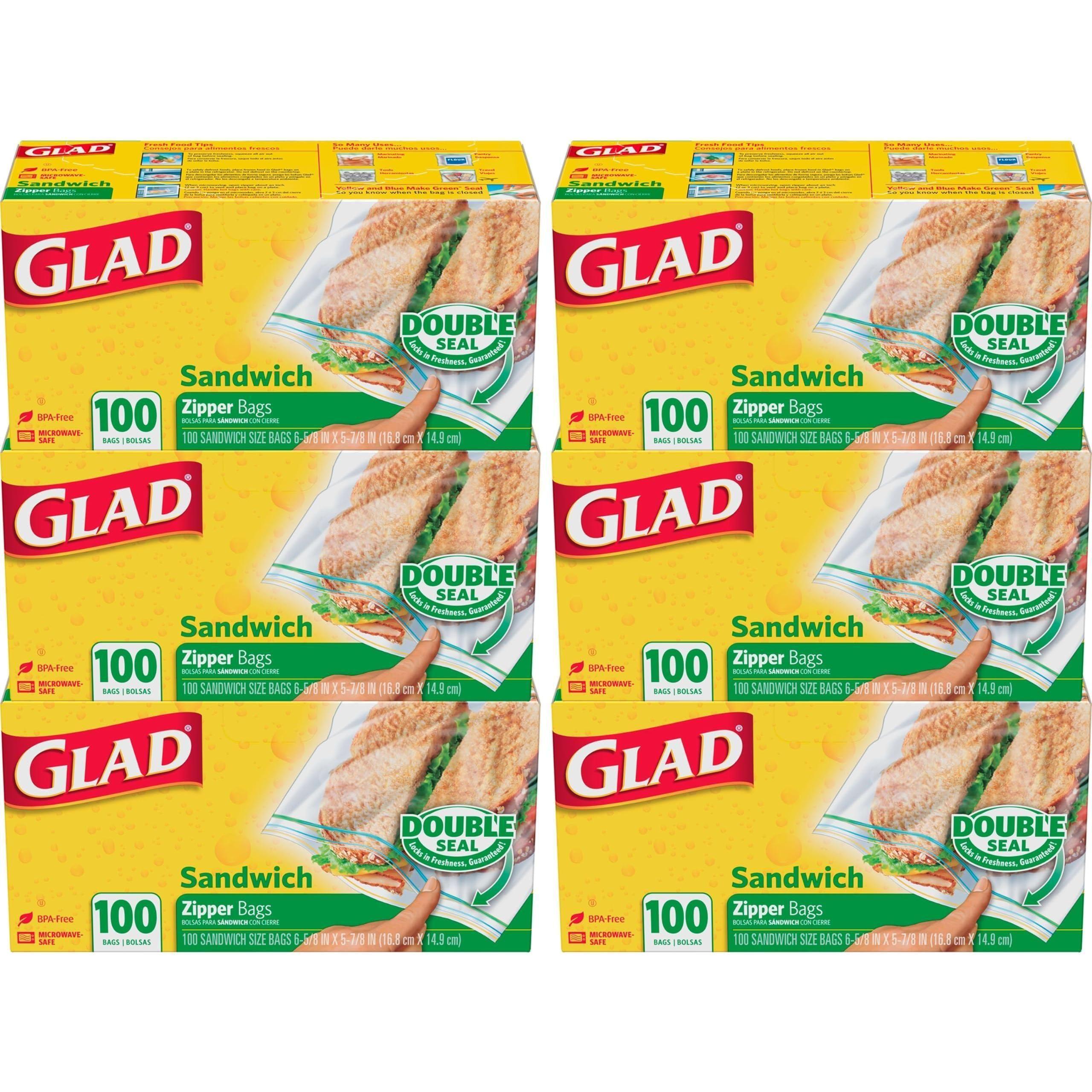 Glad Zipper Food Storage Plastic Bags - Sandwich - 100 Count, Pack of 6 - Glad