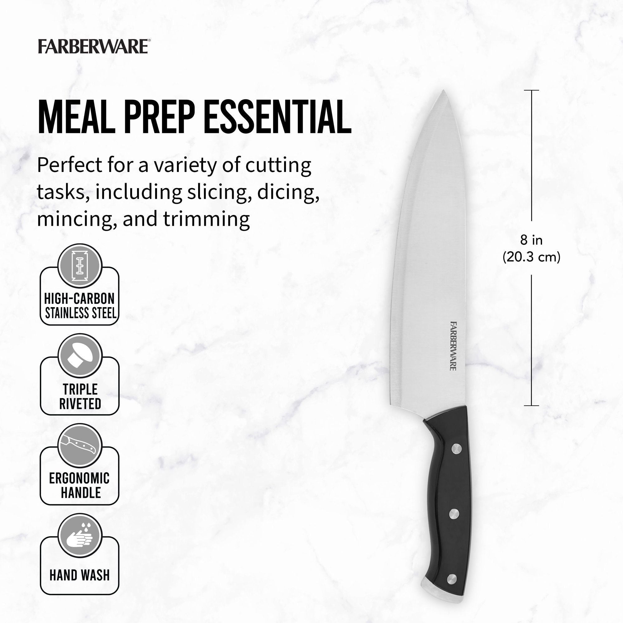 Farberware Classic 8 Inch Tripe-Riveted Stainless Steel Chef Knife Black Handle - Farberware