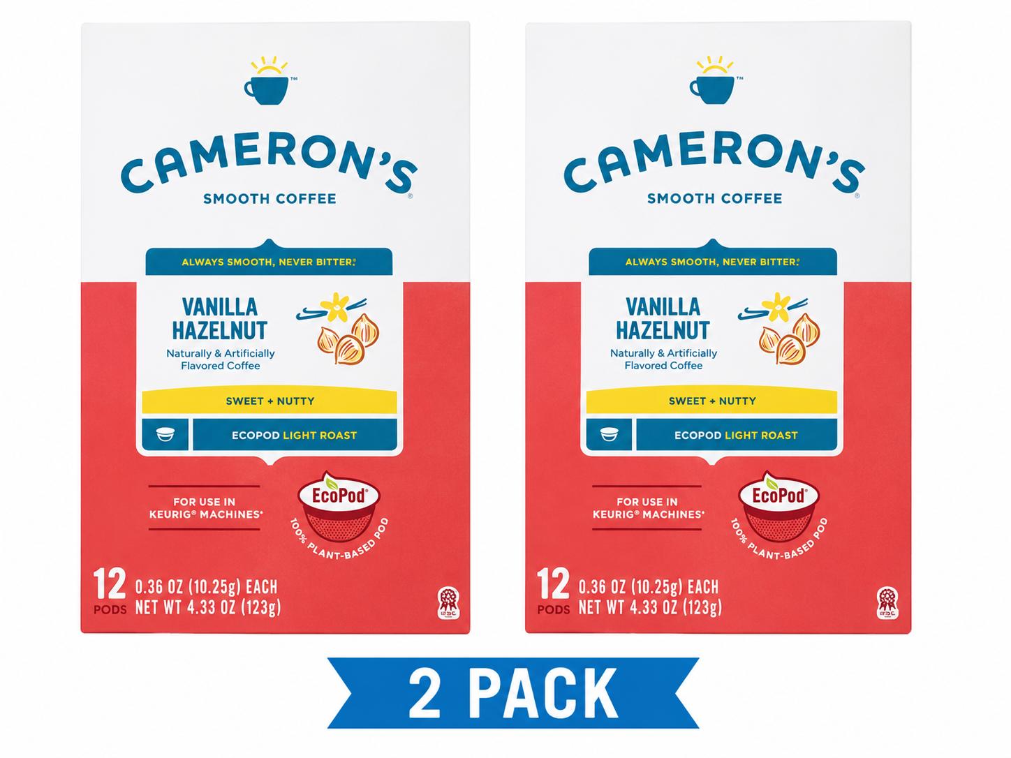 Cameron’s Vanilla Hazelnut Coffee Pods, Two 12 count Boxes