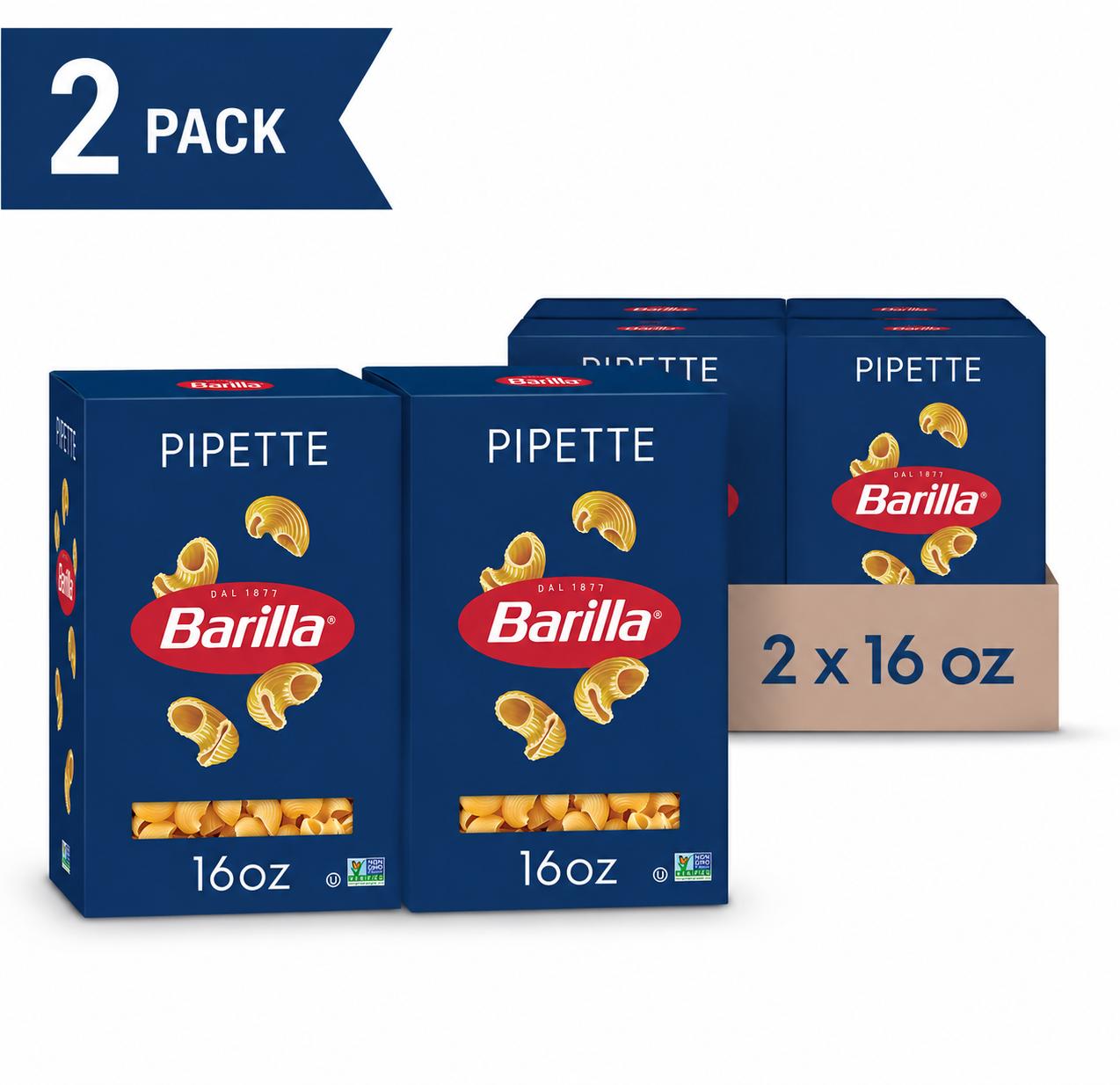 Barilla Pipette Pasta, 16 oz. Box (Pack of 2) - Non-GMO, Made with Durum Wheat Semolina - Kosher Certified - Barilla