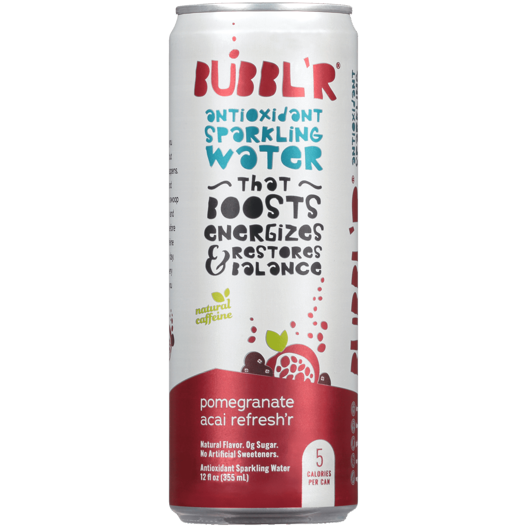 Bubbl'r Energizing Pomegranate Acai Antioxidant Sparkling Water with Caffeine Boost, 12 fl oz 6 Pack Cans - Bubbl'r