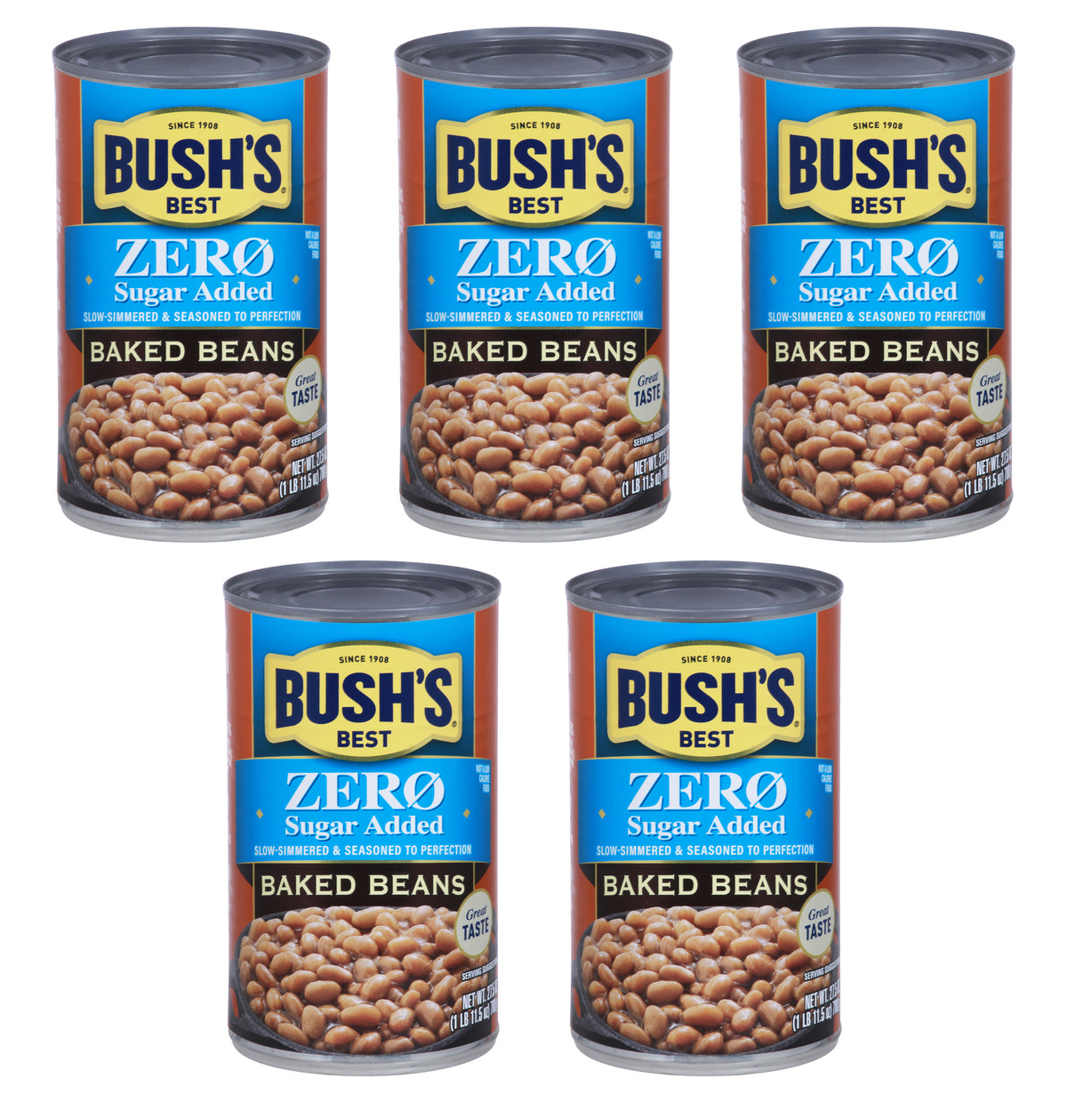 Five Bush's Best Zero Sugar Added Baked Beans cans, 27.5 oz each