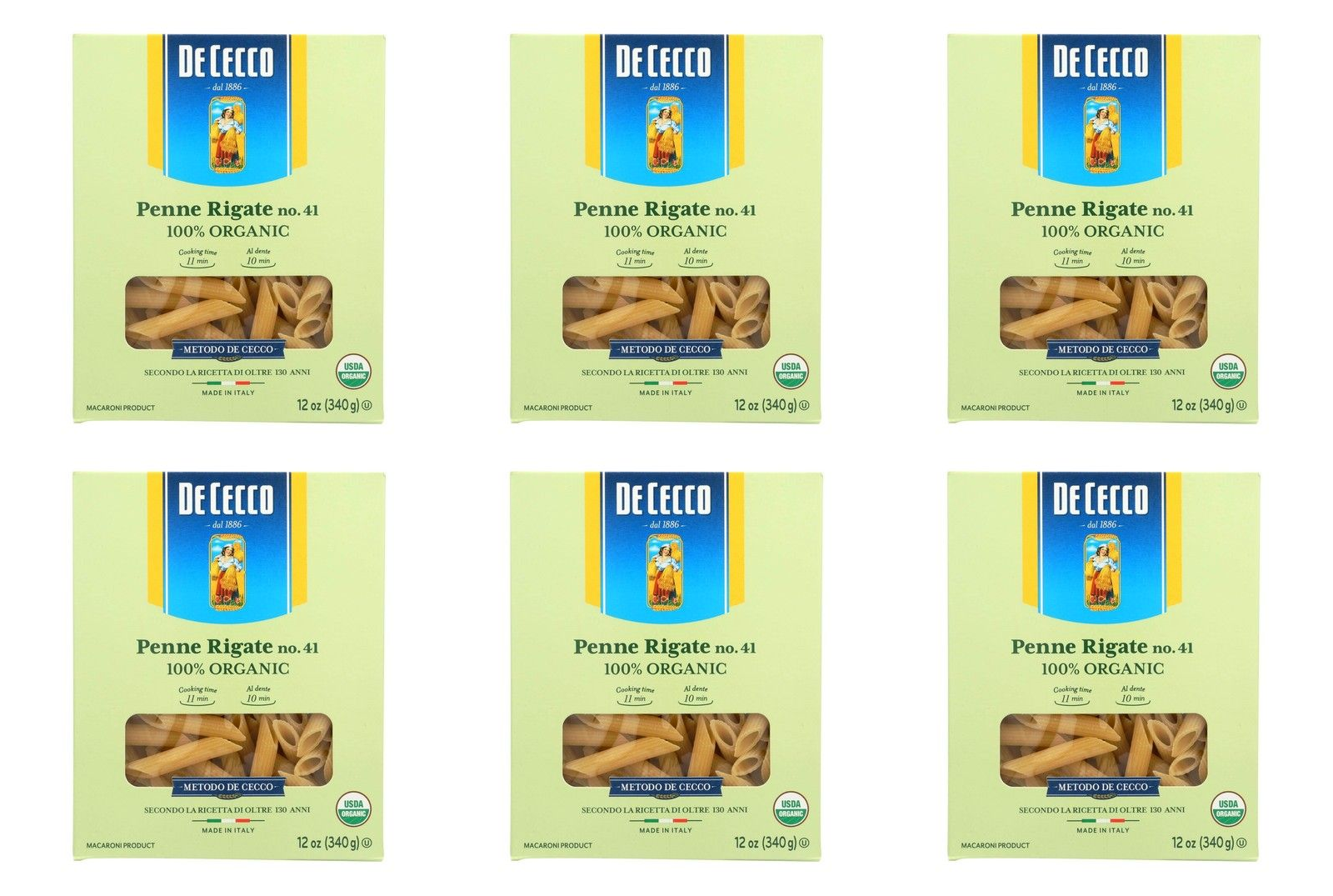 De Cecco Organic Penne Rigate No. 41 Pasta, 12 oz – 6 Pack - De Cecco
