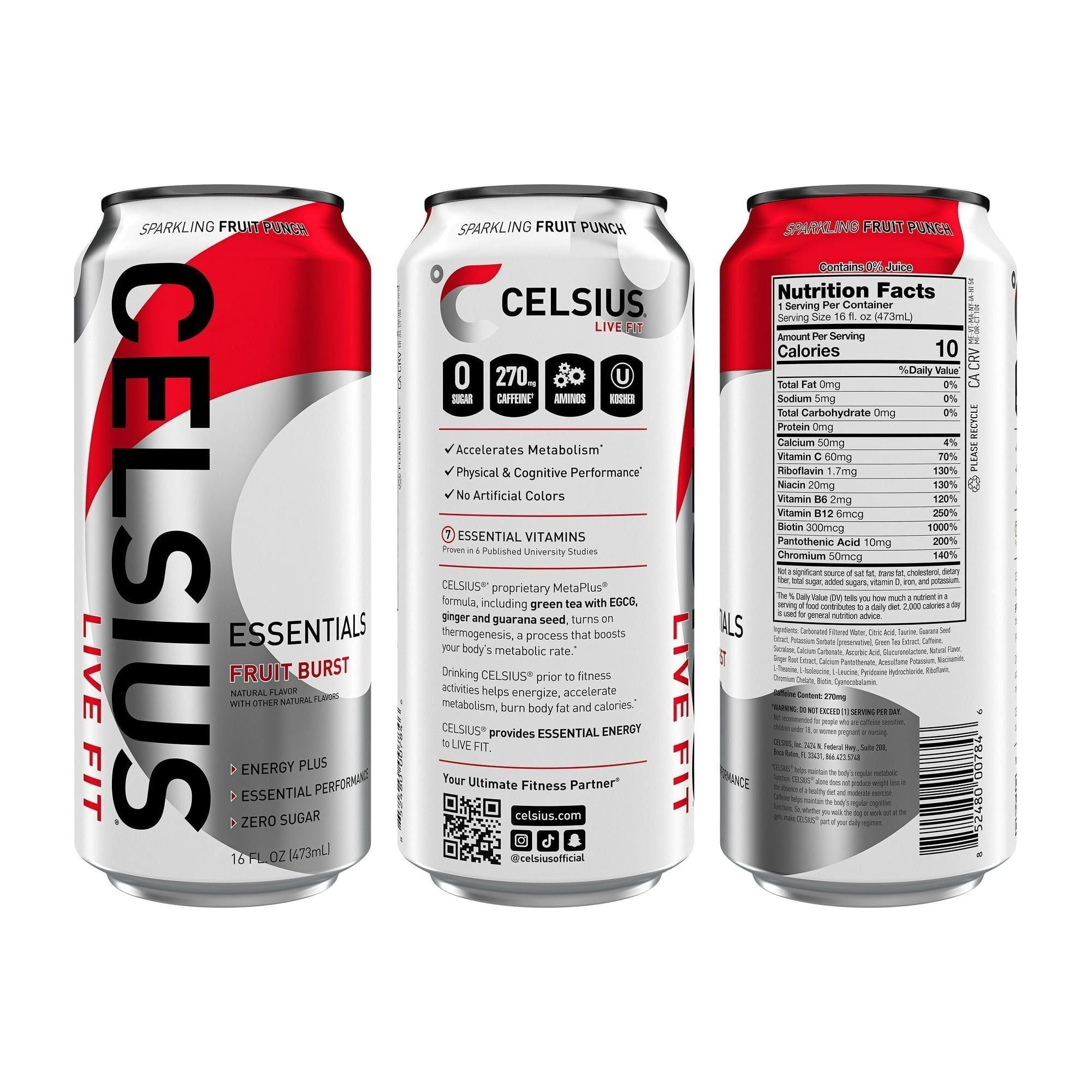 CELSIUS ESSENTIALS Fruit Burst Sparkling Energy Drink - 12-Pack 16 fl oz Cans - Celsius