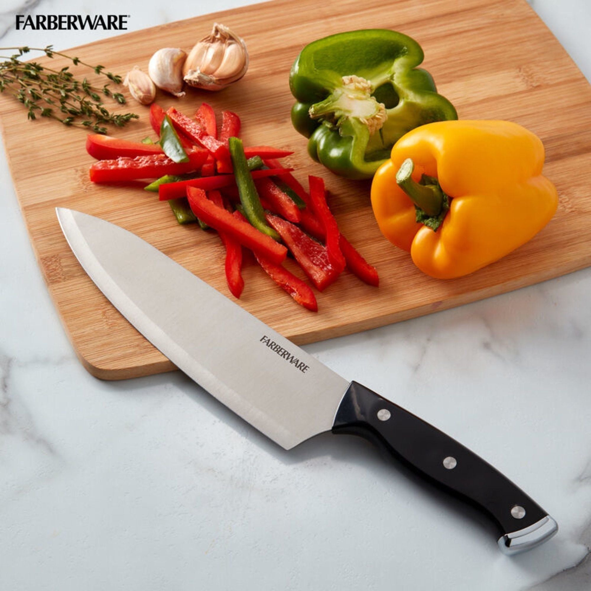 Farberware Classic 8 Inch Tripe-Riveted Stainless Steel Chef Knife Black Handle - Farberware
