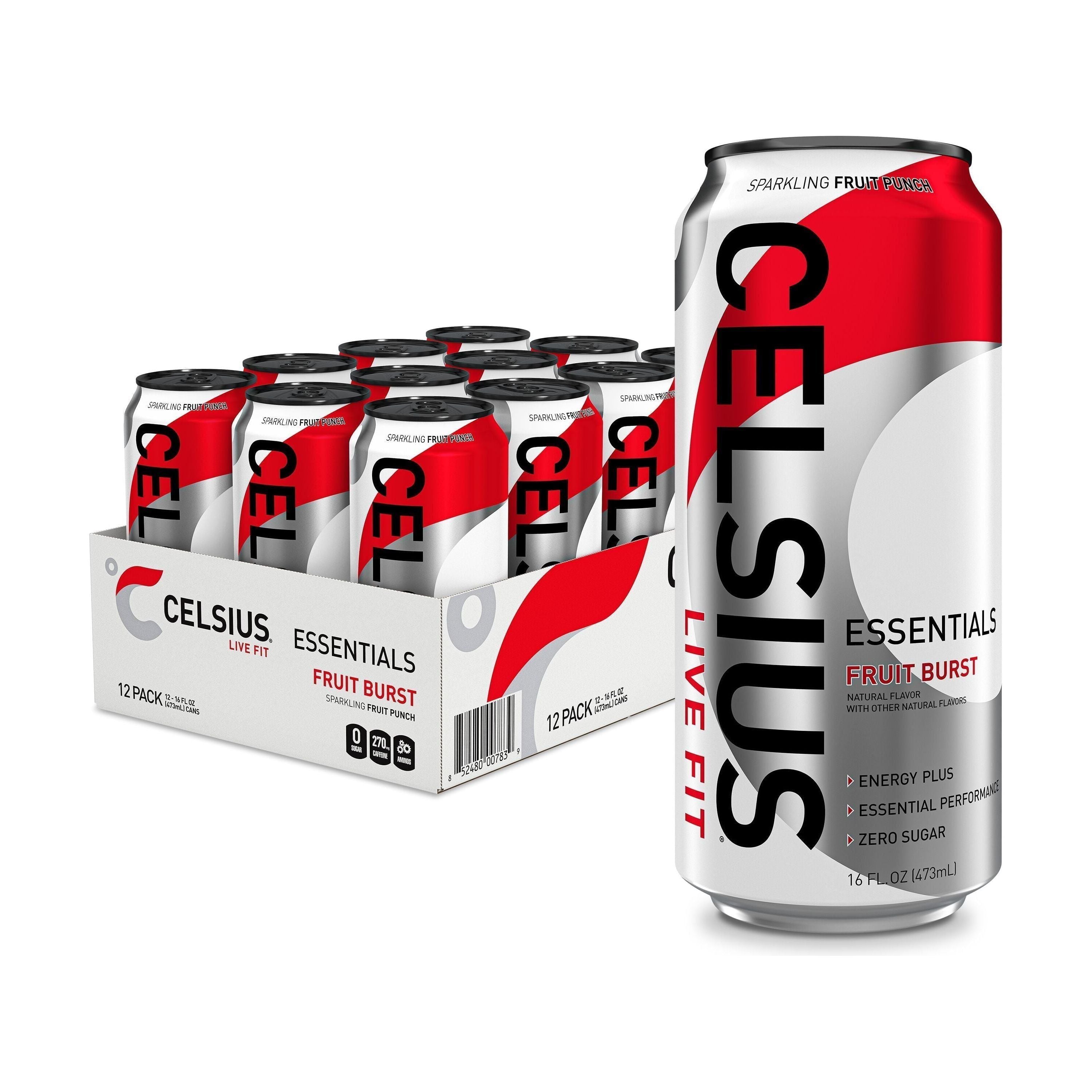CELSIUS ESSENTIALS Fruit Burst Sparkling Energy Drink - 12-Pack 16 fl oz Cans - Celsius