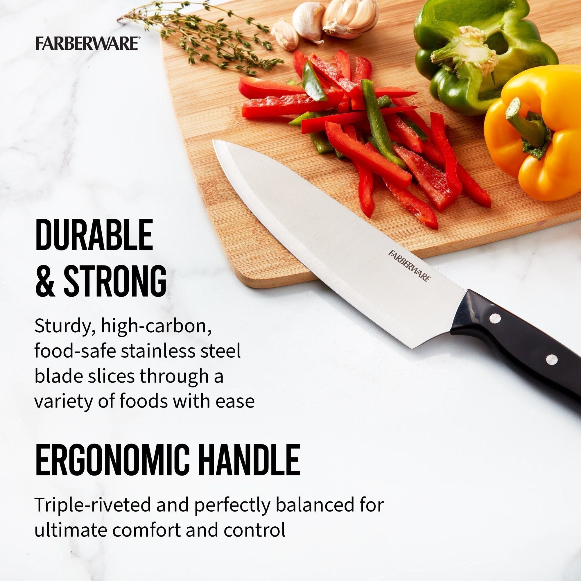 Farberware Classic 8 Inch Tripe-Riveted Stainless Steel Chef Knife Black Handle - Farberware