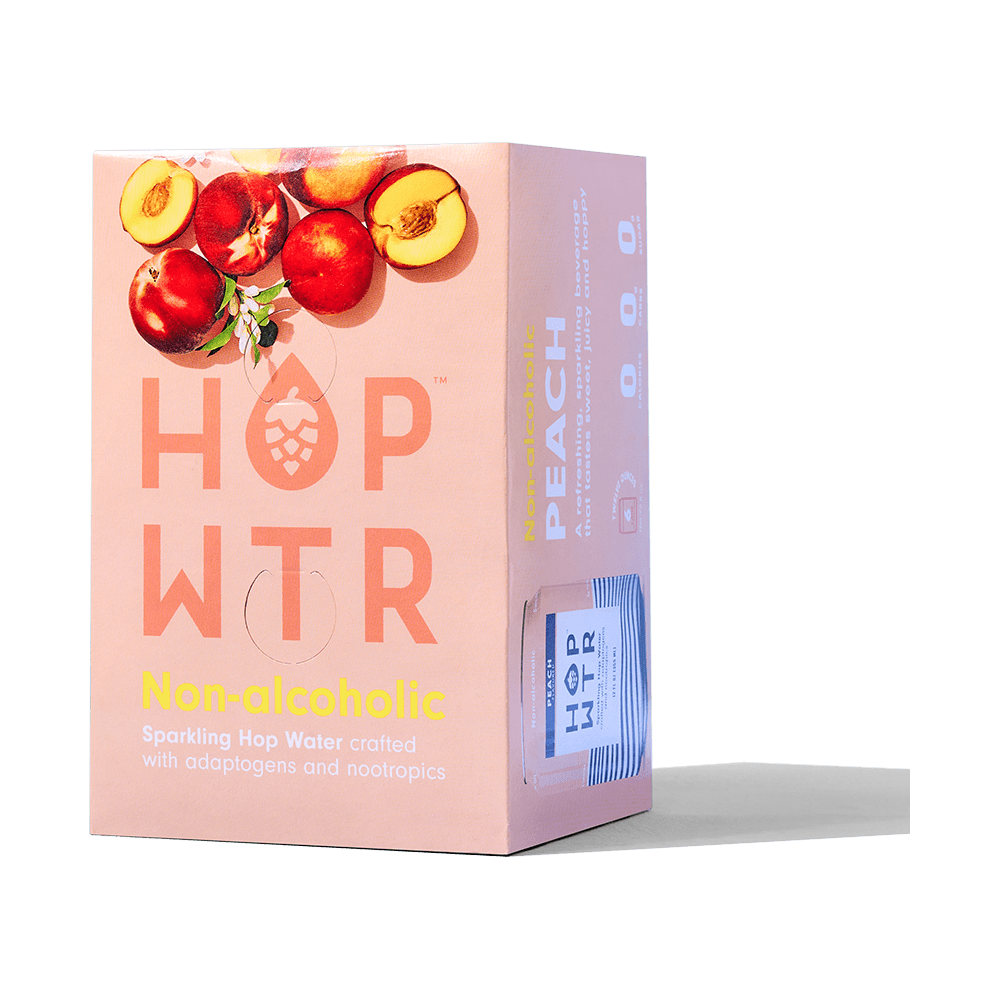 Peach-Infused HOP WTR Sparkling Hop Water, 12 Pack - Zero Sugar, Low Carb Non-Alcoholic Beverage with Adaptogens & Nootropics, 12 oz Cans - HOP WTR