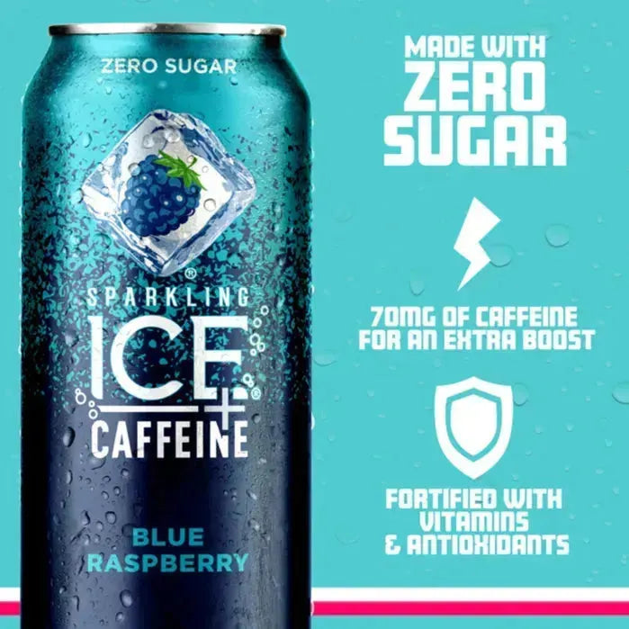 Blue Raspberry Sparkling Water with Caffeine - 12 Pack of 16 Fl Oz Cans - Sparkling Ice