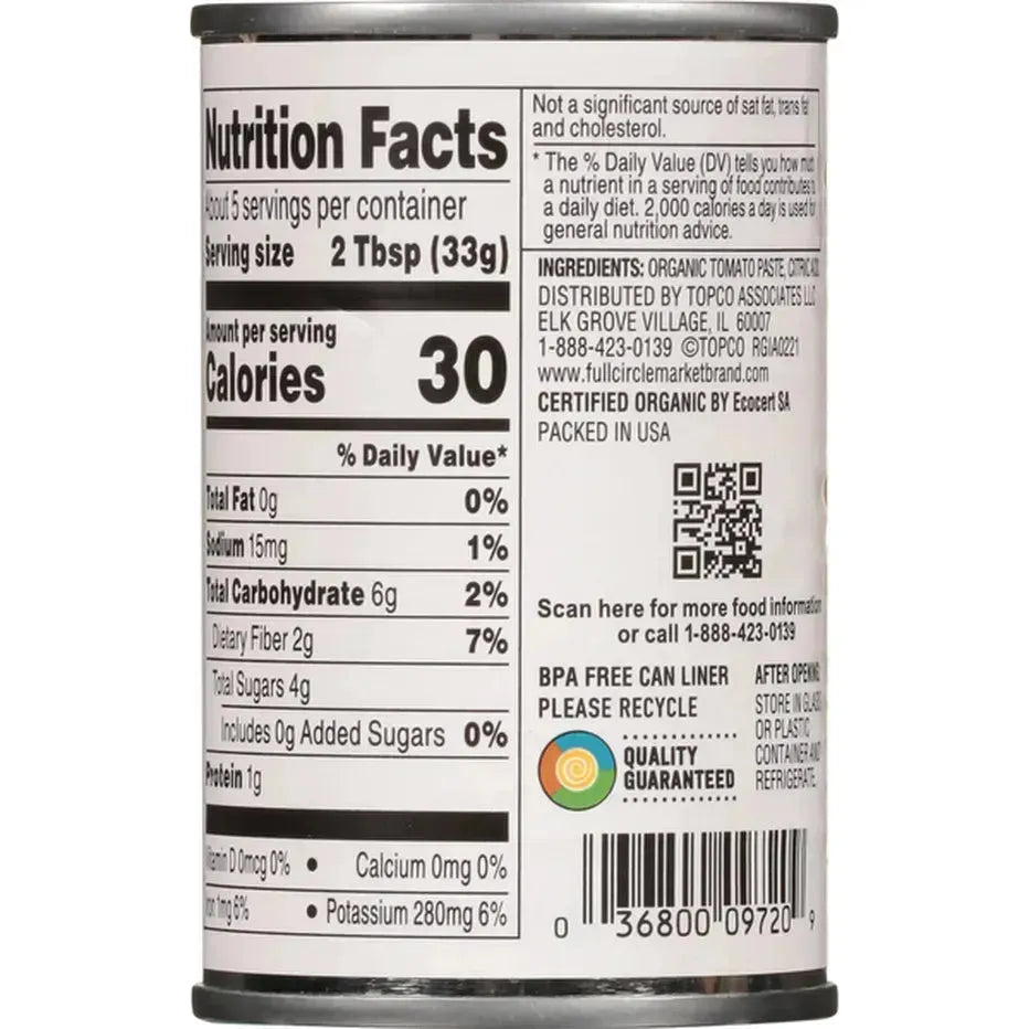 Organic Tomato Paste by Full Circle Market, 6 oz Cans, Pack of 8 - Full Circle Organic
