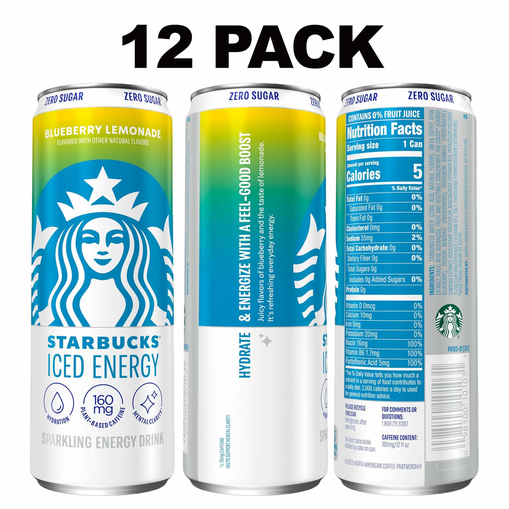 Starbucks Zero Sugar Iced Energy Blueberry 12oz, 12 Pack - Starbucks