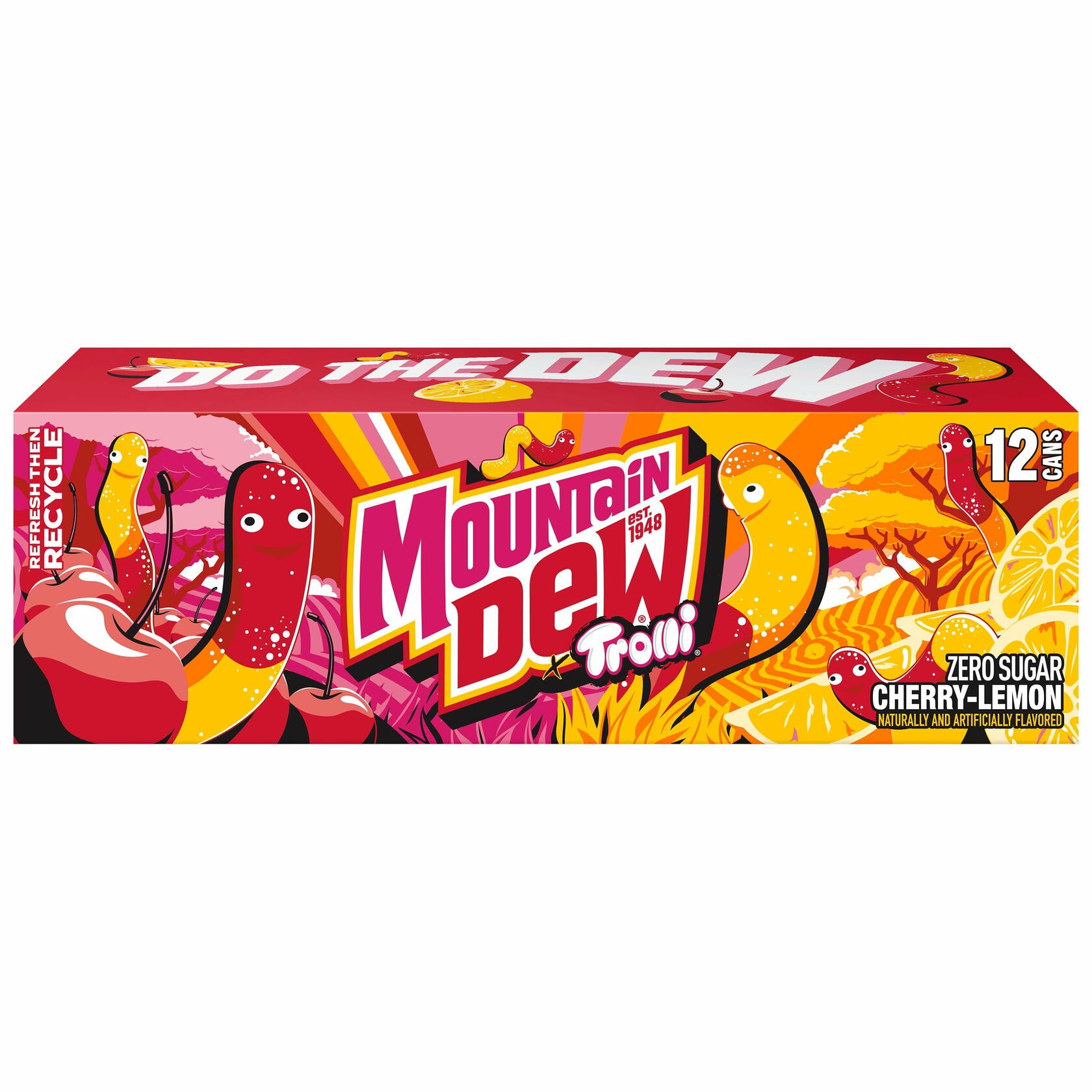 Mountain Dew Zero Sugar Cherry Lemon  flavored Trolli, 12.0 fl oz, 12 Cans