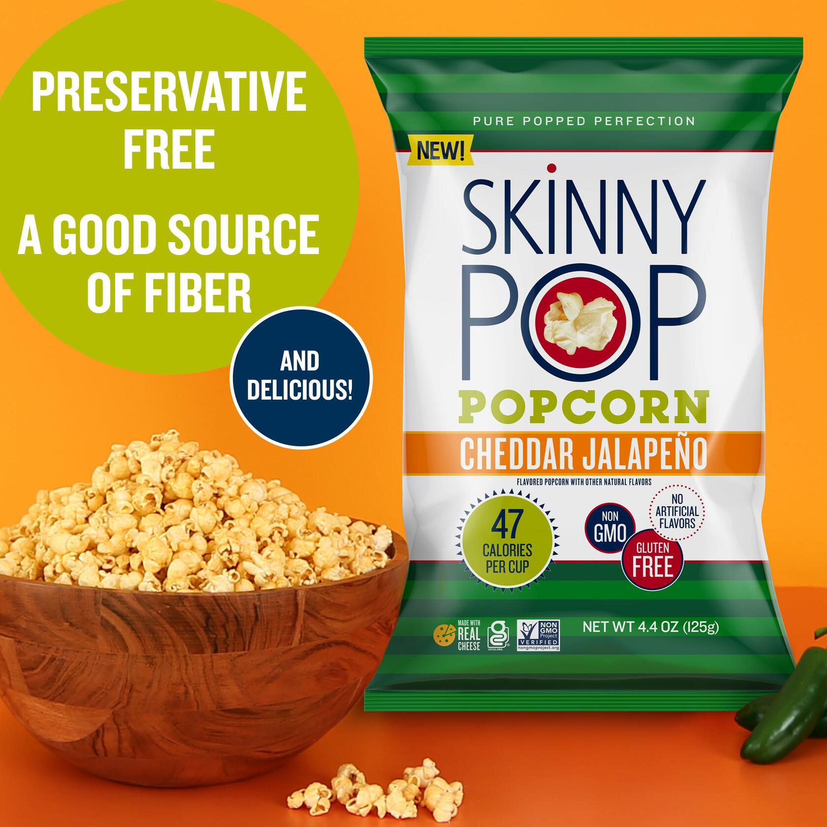 SkinnyPop Popcorn Snack Cheddar Jalapeno, 4.4oz, 2 Pack - SkinnyPop