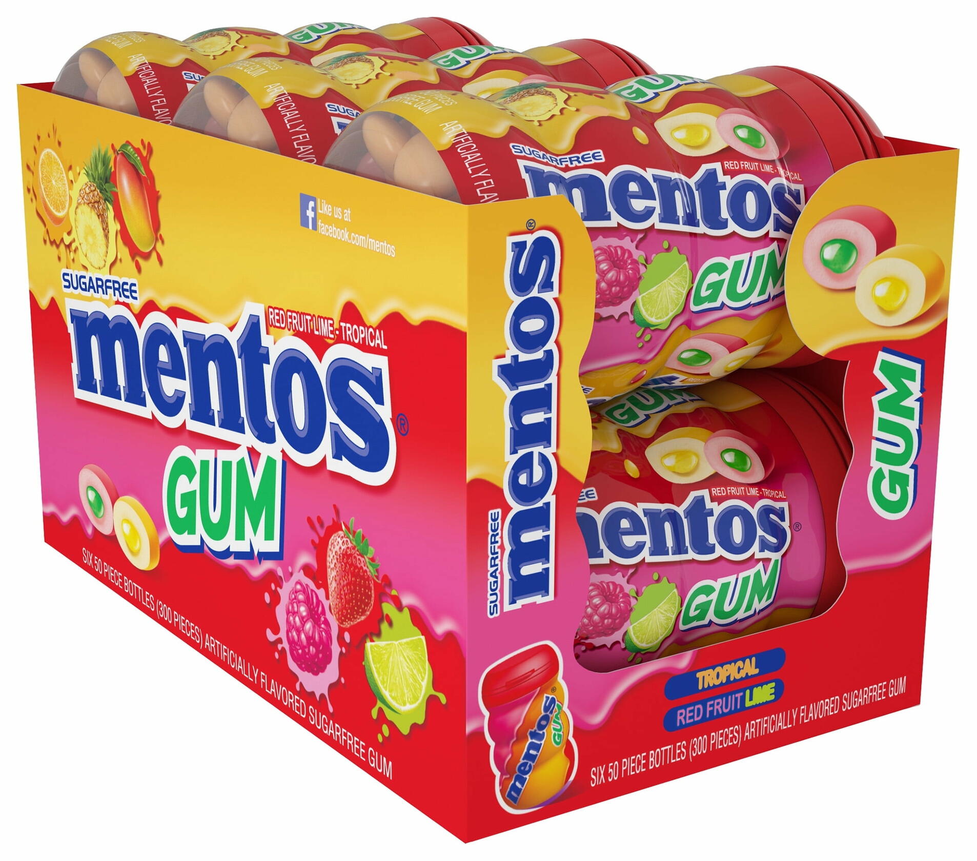 Mentos Gum, Tropical Red Fruit Lime, Sugar Free, 50 Pieces (Pack of 6) - Mentos