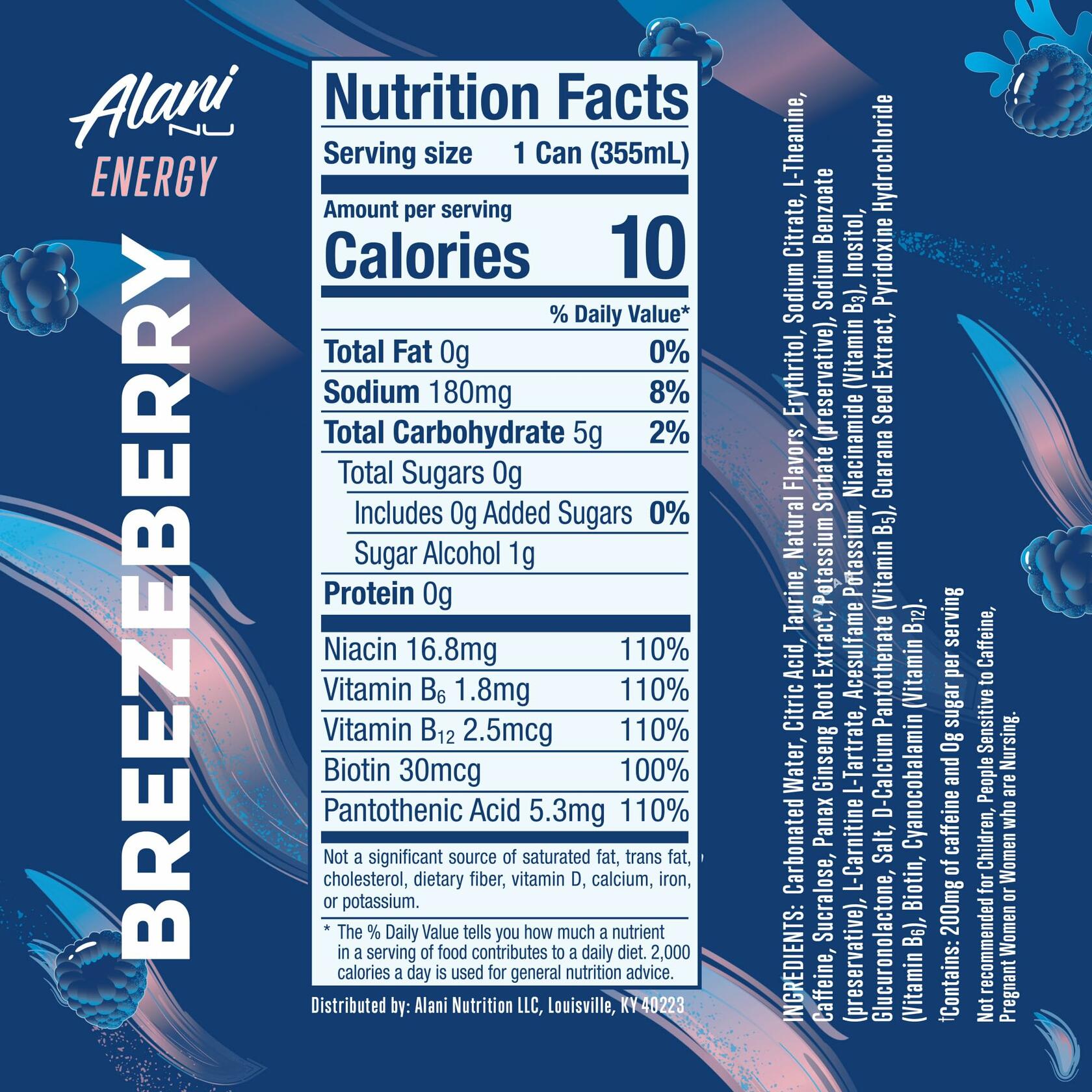 Alani Nu BreezeBerry Energy Drink 12 Fl Oz Cans Pack Of 12 Naturally Flavored Blue Slush With 200mg Caffeine - Alani Nu