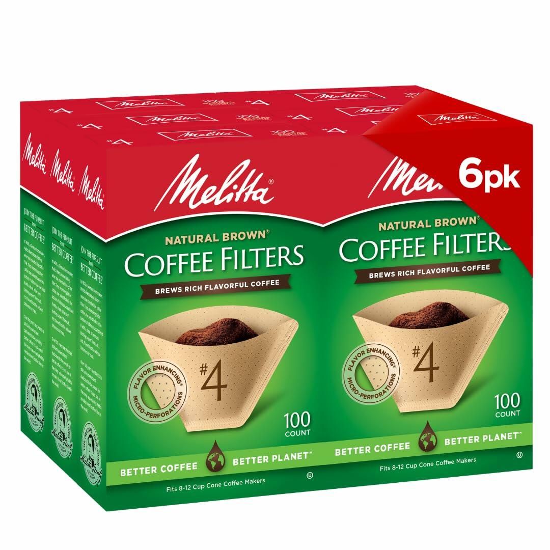 Melitta No 4 Cone Coffee Filters Unbleached Natural Brown Paper 600 Count Pack Of Six For 8 To 12 Cup Cone Makers - Melitta