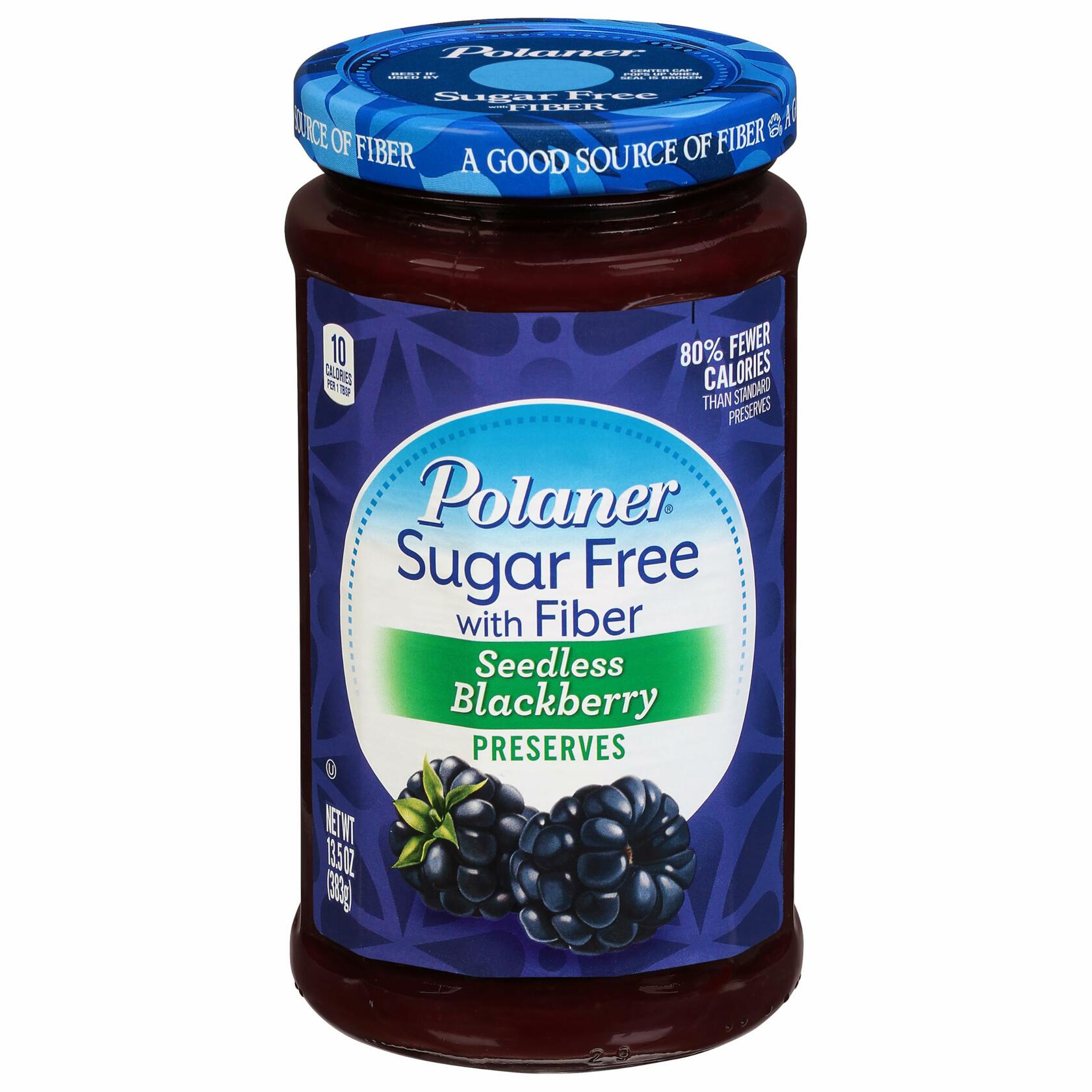 Polaner Sugar Free with Fiber Seedless Blackberry Preserves, Kosher, 13.5 oz Jar - Polaner