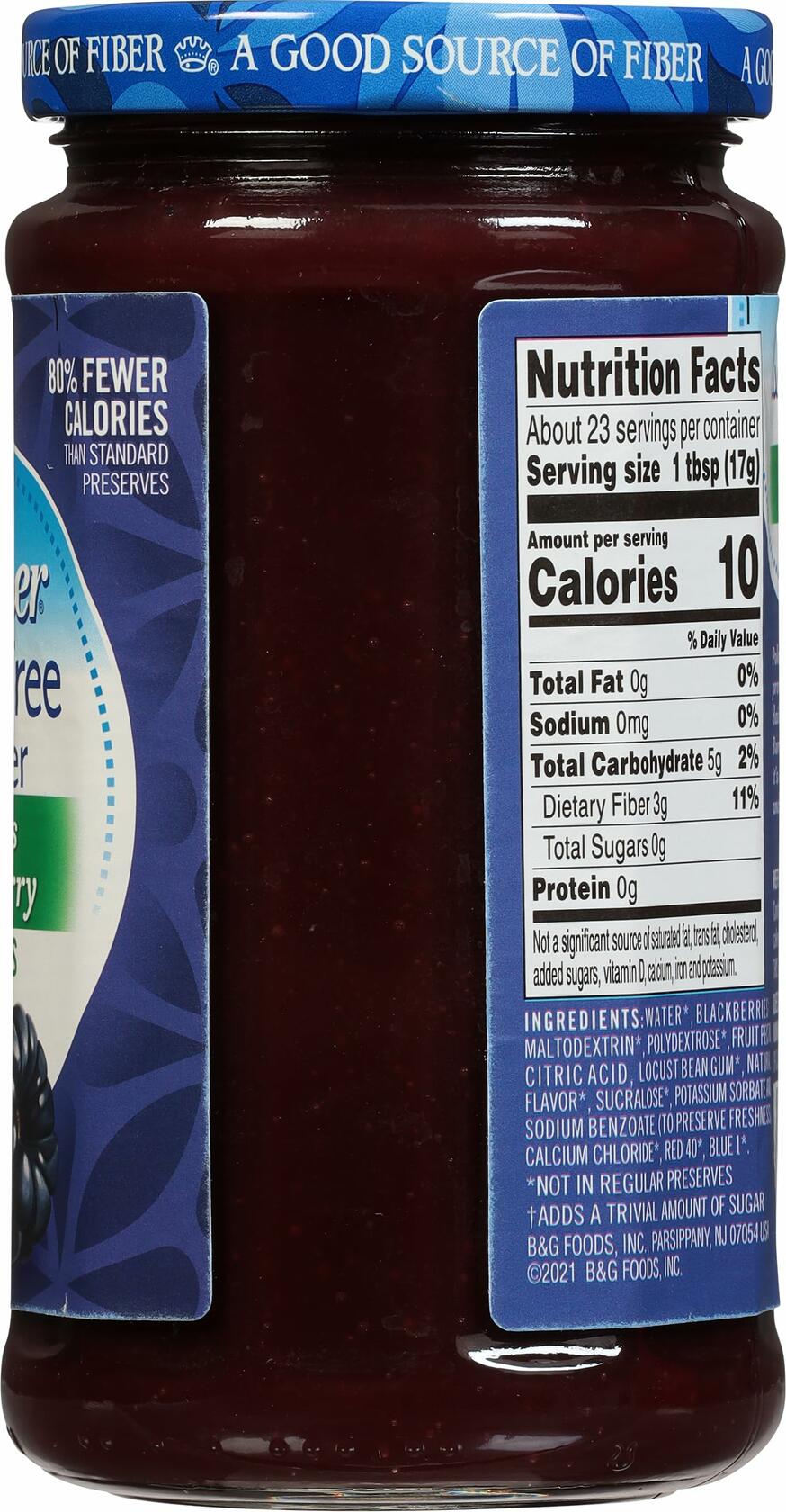 Polaner Sugar Free with Fiber Seedless Blackberry Preserves, Kosher, 13.5 oz Jar - Polaner